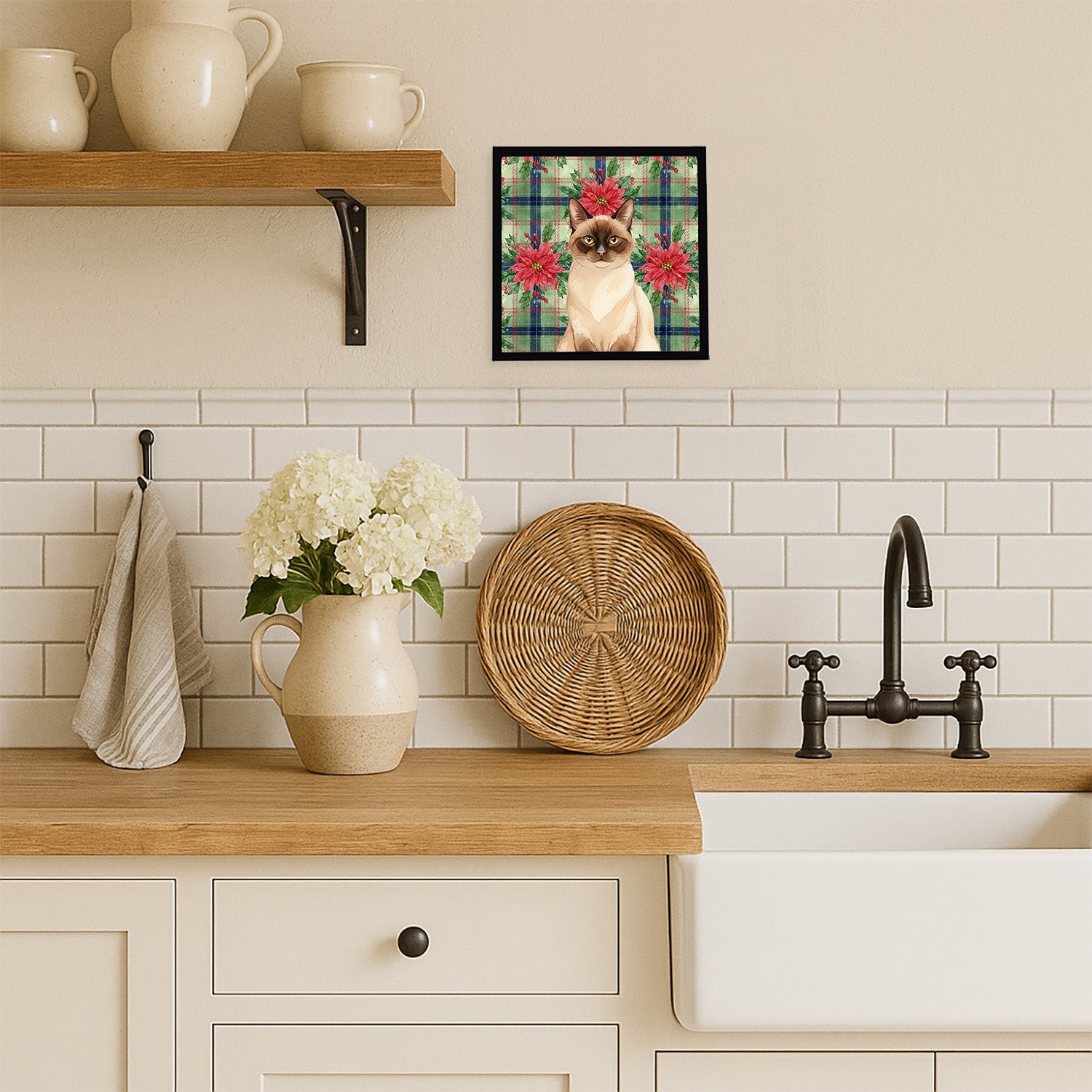 Chocolate Point Cat with Poinsettias Framed Metal Print Bathroom, Kitchen, Office, Home Decor Wall Art Ready to Hang, Square, 8X8