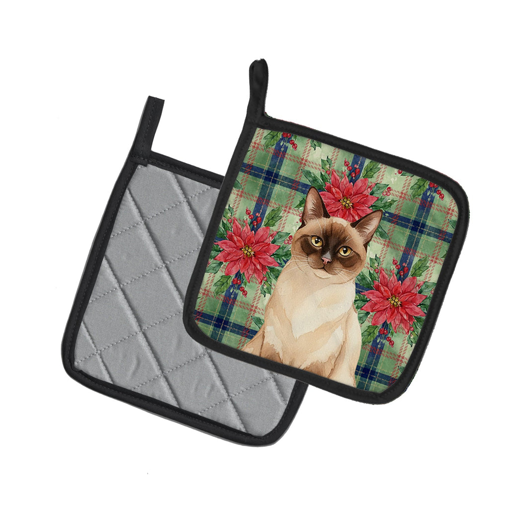 Chocolate Point Cat with Poinsettias Pot Holder Set of 2 Heat Resistant Quilted Hot Pads 7.5 x 7.5 Inch, Insulated Kitchen Trivets for Cooking & Baking