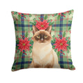 Chocolate Point Cat with Poinsettias Decorative Throw Pillow 14x14 Indoor Outdoor Accent Cushion, Fabric Cover with Insert for Sofa, Bed, Porch & Living Room