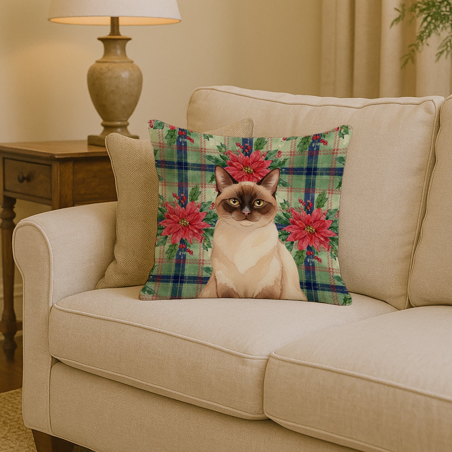 Chocolate Point Cat with Poinsettias Decorative Throw Pillow 14x14 Indoor Outdoor Accent Cushion, Fabric Cover with Insert for Sofa, Bed, Porch & Living Room
