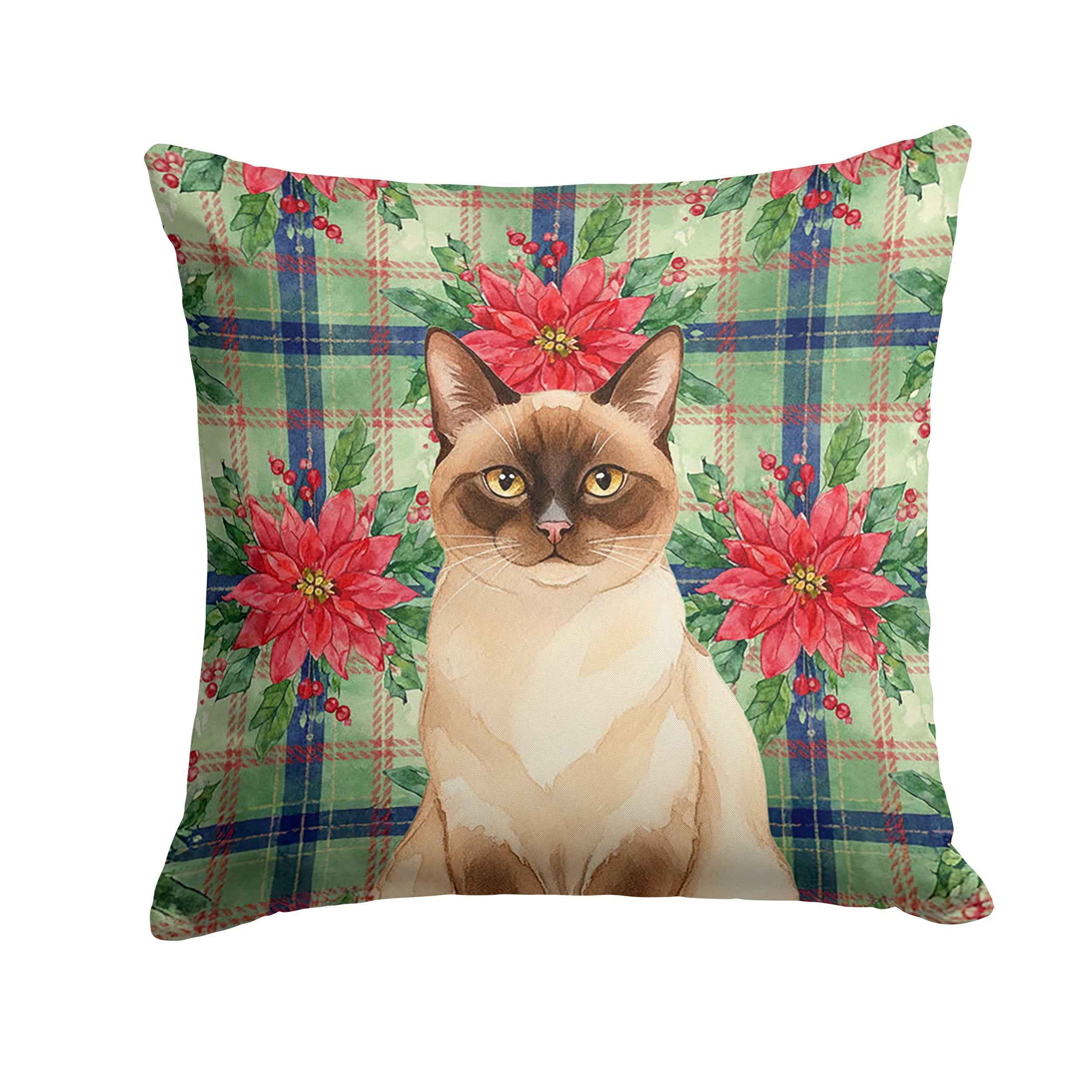 Chocolate Point Cat with Poinsettias Decorative Throw Pillow 18x18 Indoor Outdoor Accent Cushion, Fabric Cover with Insert for Sofa, Bed, Porch & Living Room