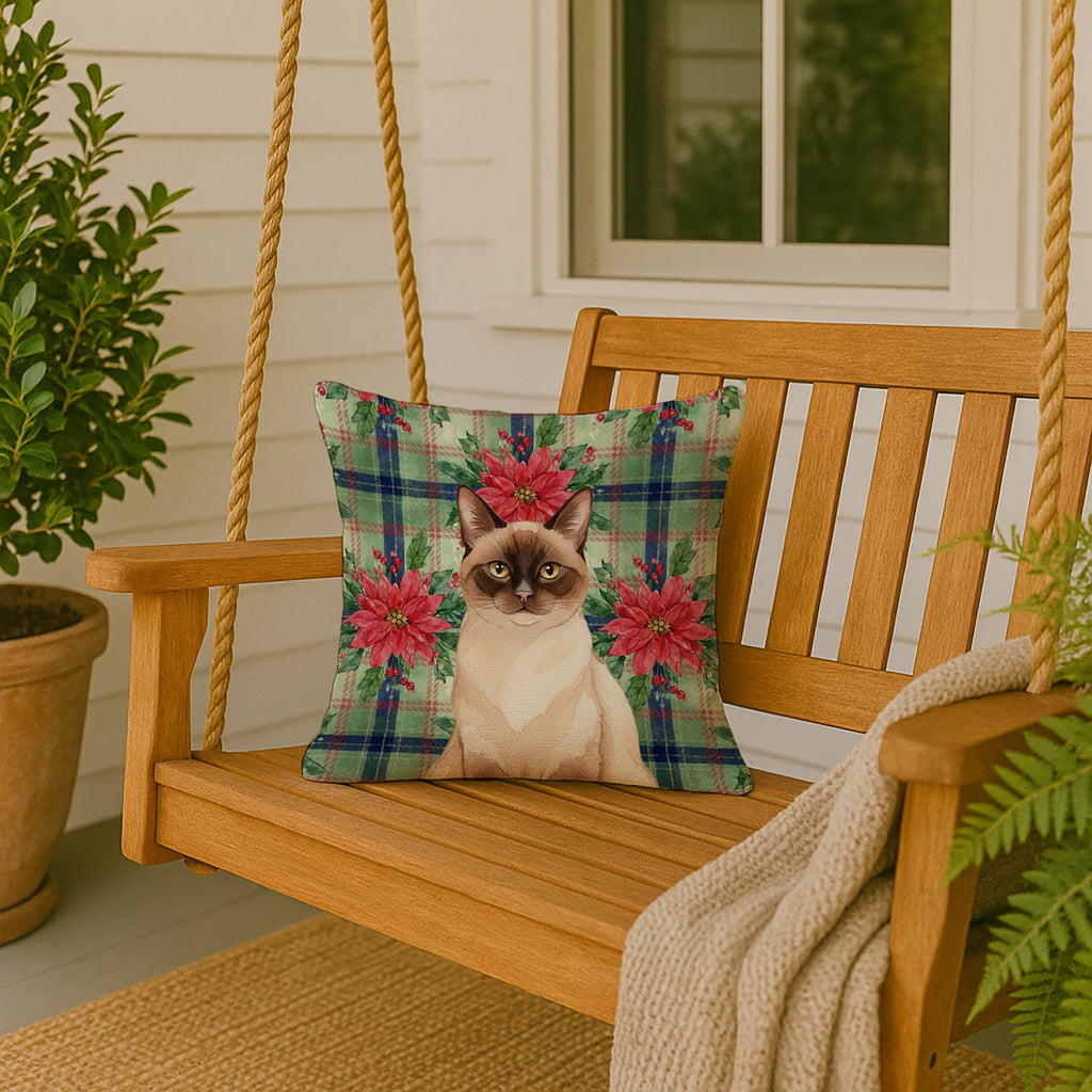 Chocolate Point Cat with Poinsettias Decorative Throw Pillow 18x18 Indoor Outdoor Accent Cushion, Fabric Cover with Insert for Sofa, Bed, Porch & Living Room
