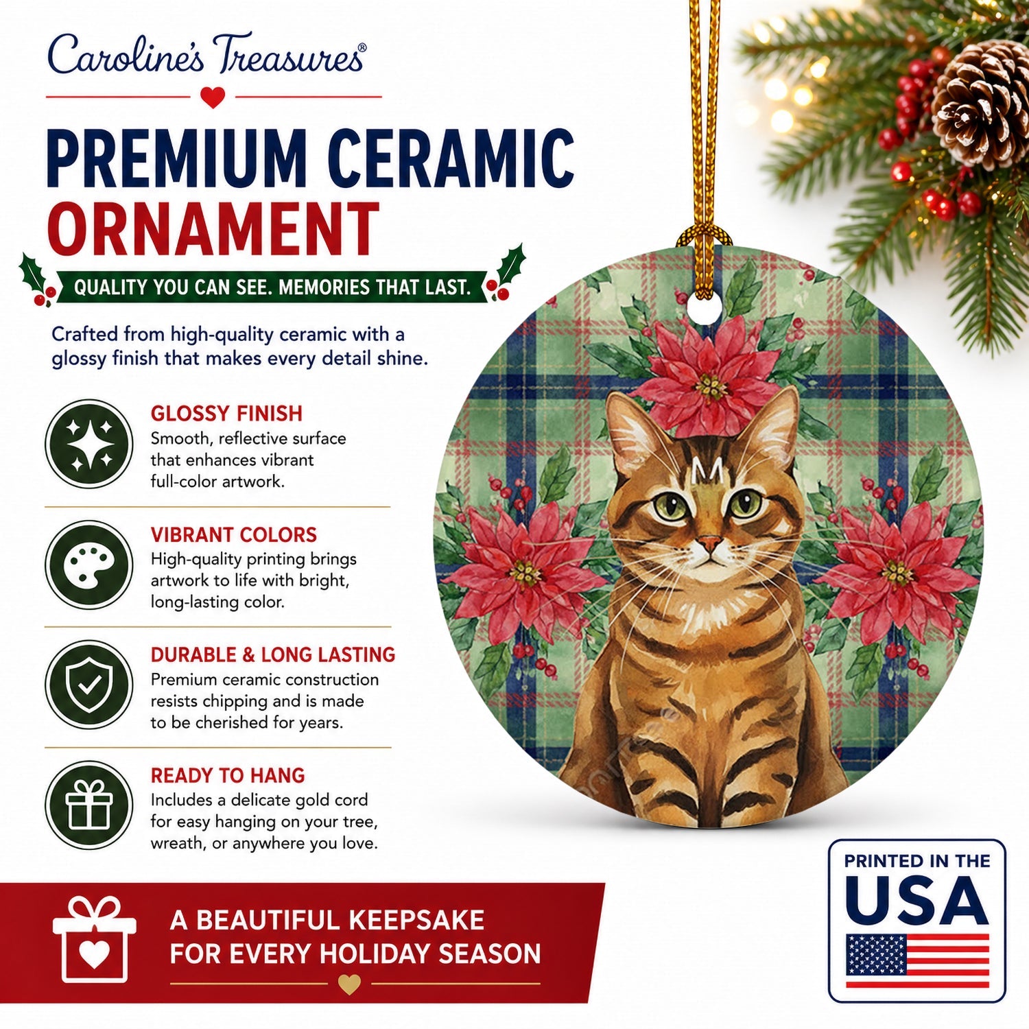 Classic Tabby Brown Cat with Poinsettias Ceramic Ornament Christmas Tree Hanging Decorations for Home Christmas Holiday, Party, Gift, 3 in, Multicolor