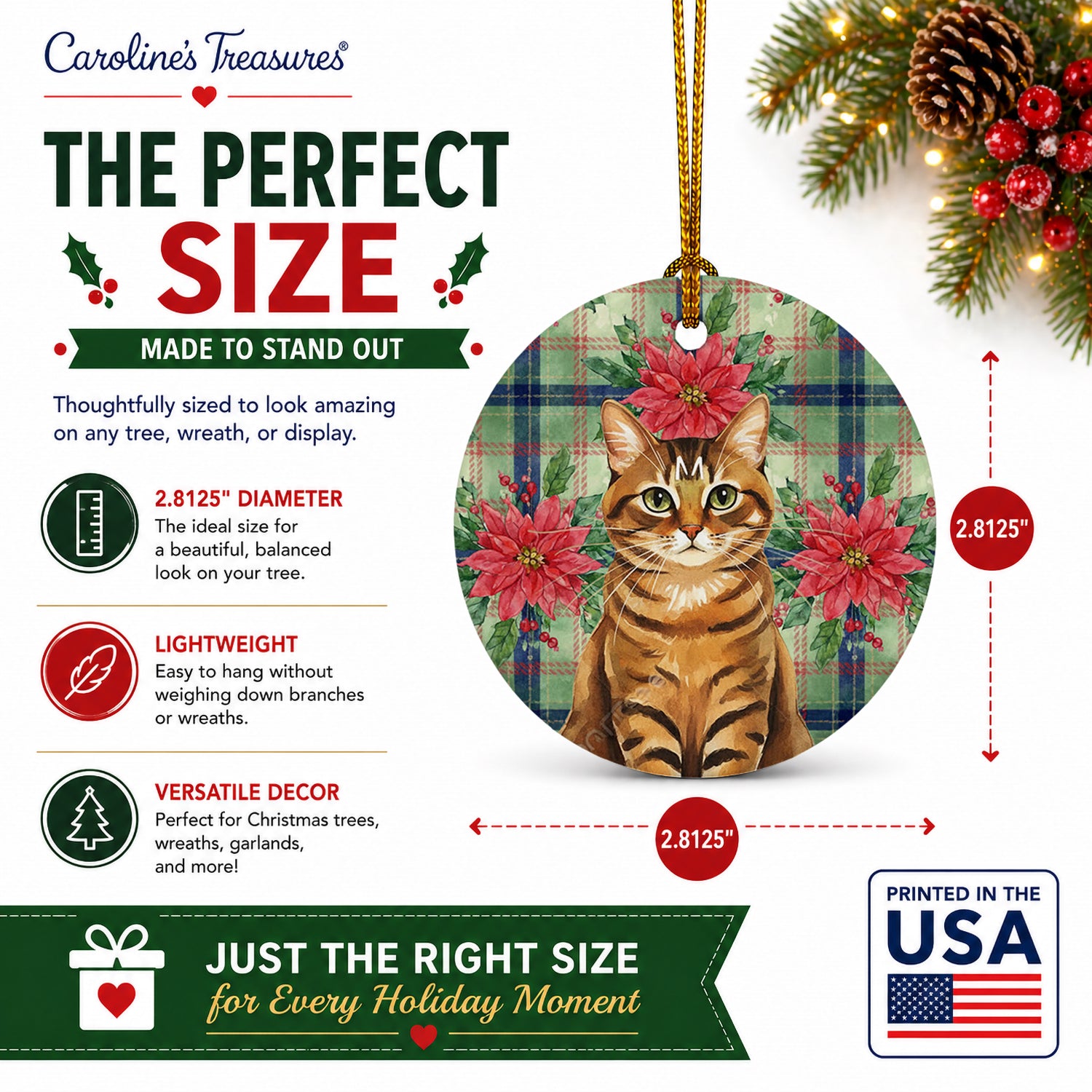 Classic Tabby Brown Cat with Poinsettias Ceramic Ornament Christmas Tree Hanging Decorations for Home Christmas Holiday, Party, Gift, 3 in, Multicolor