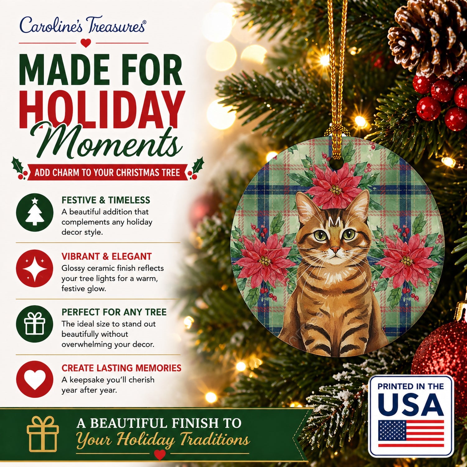 Classic Tabby Brown Cat with Poinsettias Ceramic Ornament Christmas Tree Hanging Decorations for Home Christmas Holiday, Party, Gift, 3 in, Multicolor