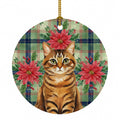 Classic Tabby Brown Cat with Poinsettias Ceramic Ornament Christmas Tree Hanging Decorations for Home Christmas Holiday, Party, Gift, 3 in, Multicolor