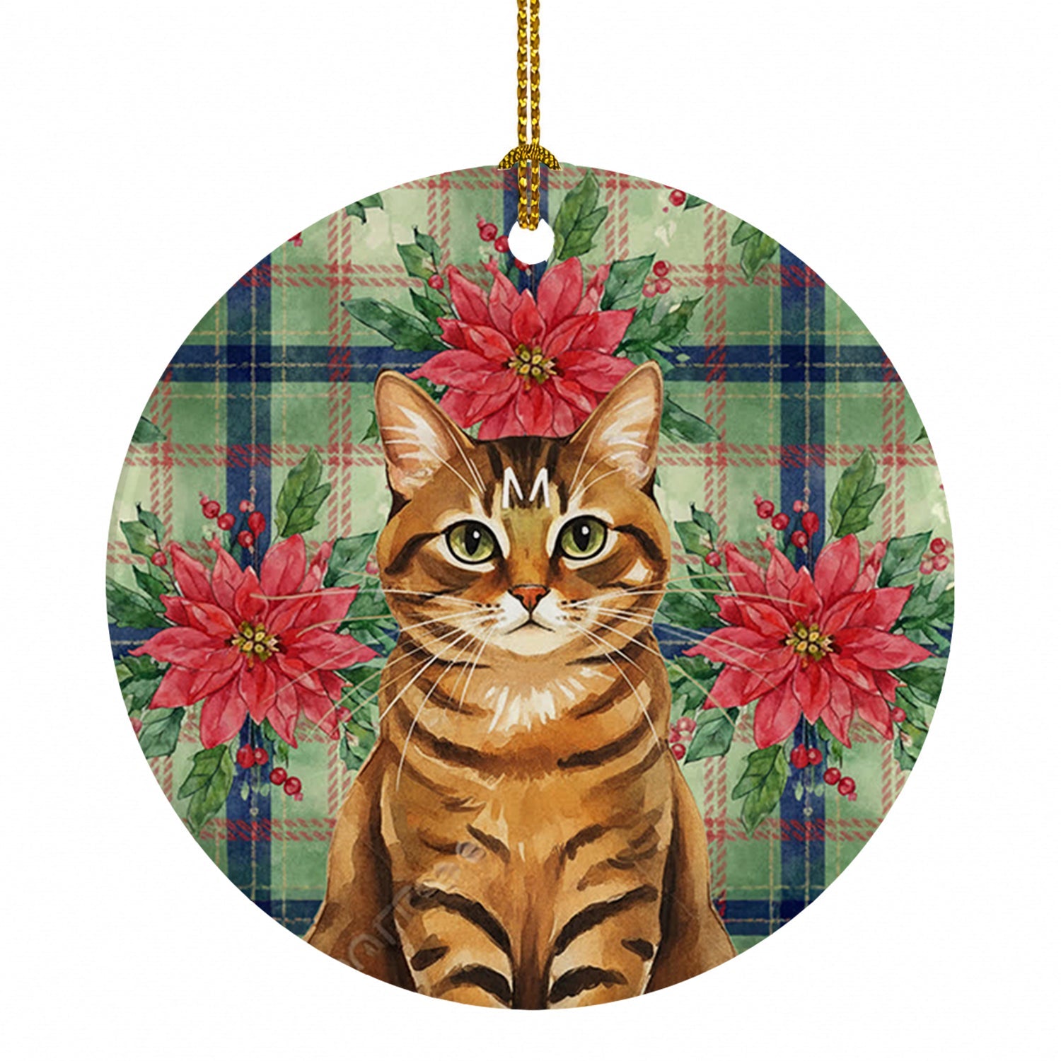 Classic Tabby Brown Cat with Poinsettias Ceramic Ornament Christmas Tree Hanging Decorations for Home Christmas Holiday, Party, Gift, 3 in, Multicolor