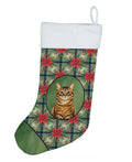 Classic Tabby Brown Cat with Poinsettias Holiday Stocking Double-Sided Print, Polyester Suede,11x18, Made in USA