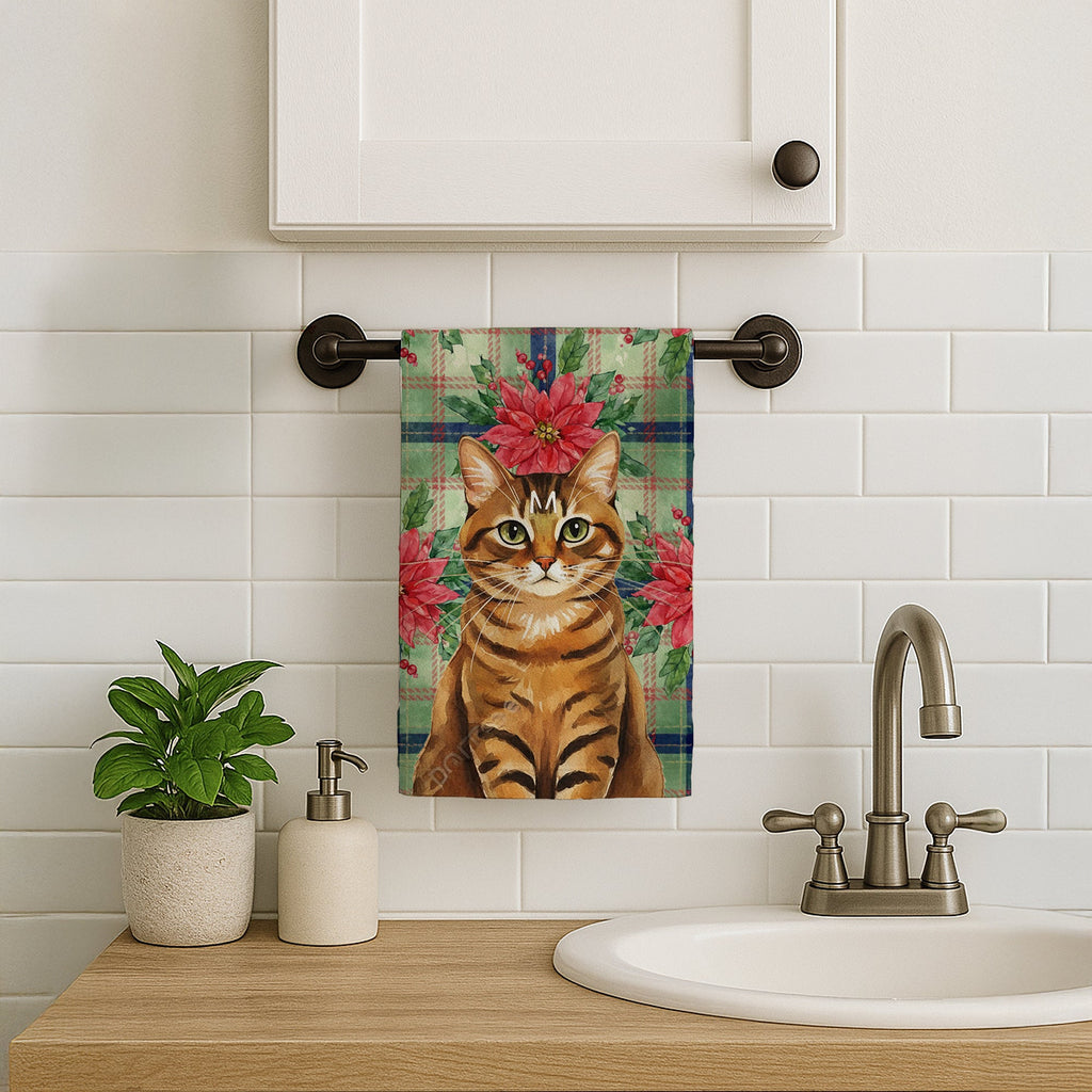 Classic Tabby Brown Cat with Poinsettias Kitchen Towel Velour Plush Front and Cotton Loop Back Machine Washable
