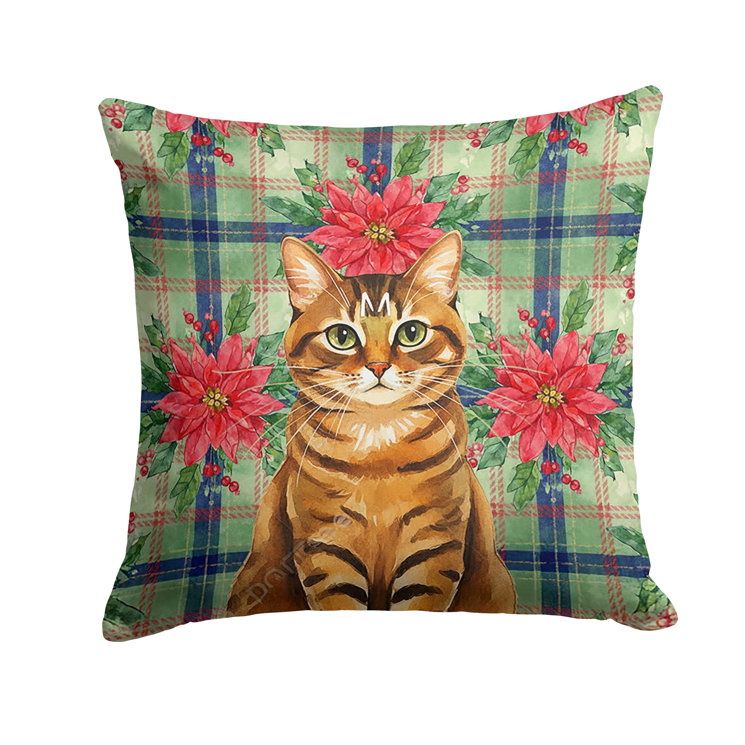 Classic Tabby Brown Cat with Poinsettias Decorative Throw Pillow 14x14 Indoor Outdoor Accent Cushion, Fabric Cover with Insert for Sofa, Bed, Porch & Living Room