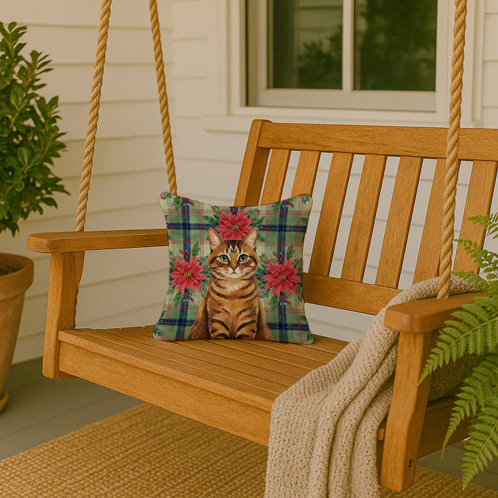 Classic Tabby Brown Cat with Poinsettias Decorative Throw Pillow 14x14 Indoor Outdoor Accent Cushion, Fabric Cover with Insert for Sofa, Bed, Porch & Living Room