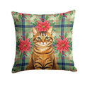 Classic Tabby Brown Cat with Poinsettias Decorative Throw Pillow 18x18 Indoor Outdoor Accent Cushion, Fabric Cover with Insert for Sofa, Bed, Porch & Living Room