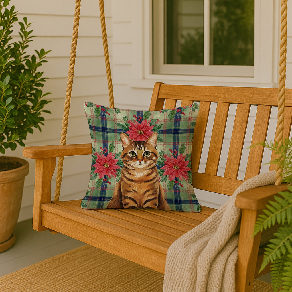 Classic Tabby Brown Cat with Poinsettias Decorative Throw Pillow 18x18 Indoor Outdoor Accent Cushion, Fabric Cover with Insert for Sofa, Bed, Porch & Living Room