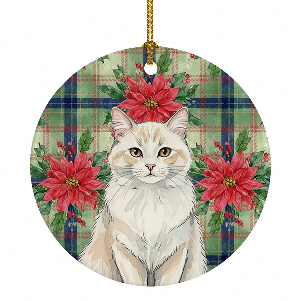 Cream and White Cat with Poinsettias Ceramic Ornament Christmas Tree Hanging Decorations for Home Christmas Holiday, Party, Gift, 3 in, Multicolor