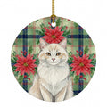 Cream and White Cat with Poinsettias Ceramic Ornament Christmas Tree Hanging Decorations for Home Christmas Holiday, Party, Gift, 3 in, Multicolor