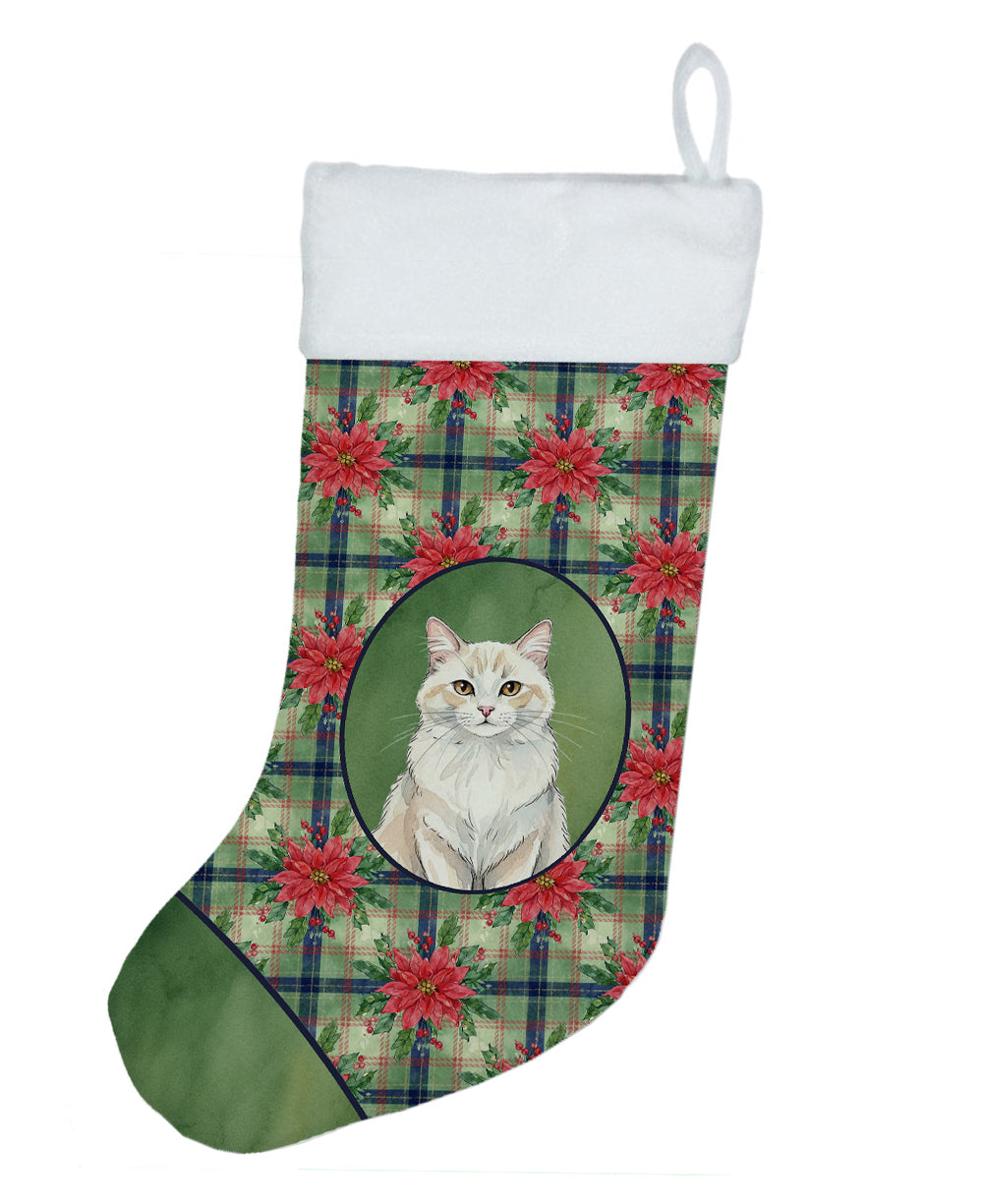 Cream and White Cat with Poinsettias Holiday Stocking Double-Sided Print, Polyester Suede,11x18, Made in USA