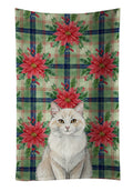 Cream and White Cat with Poinsettias Kitchen Towel Velour Plush Front and Cotton Loop Back Machine Washable