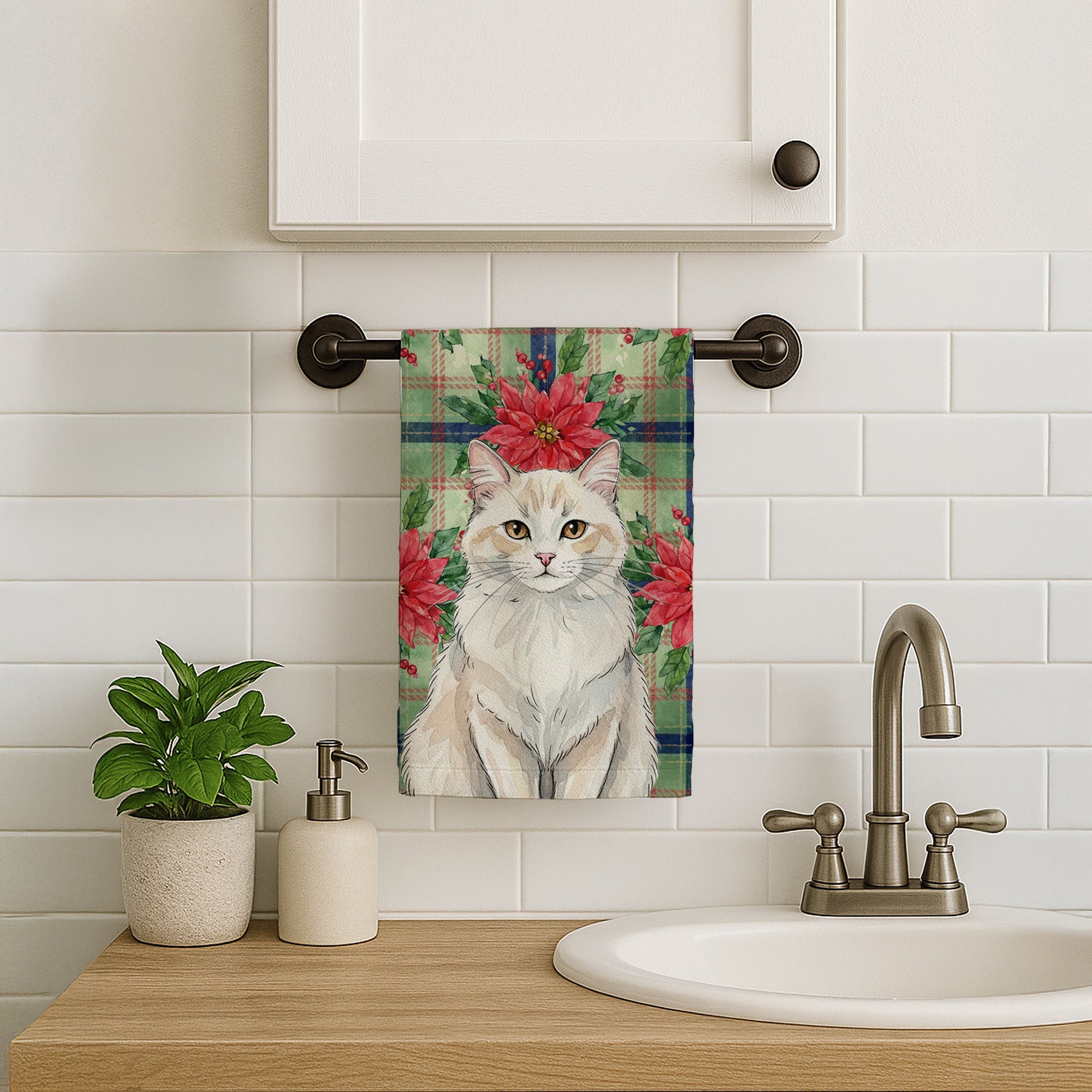 Cream and White Cat with Poinsettias Kitchen Towel Velour Plush Front and Cotton Loop Back Machine Washable