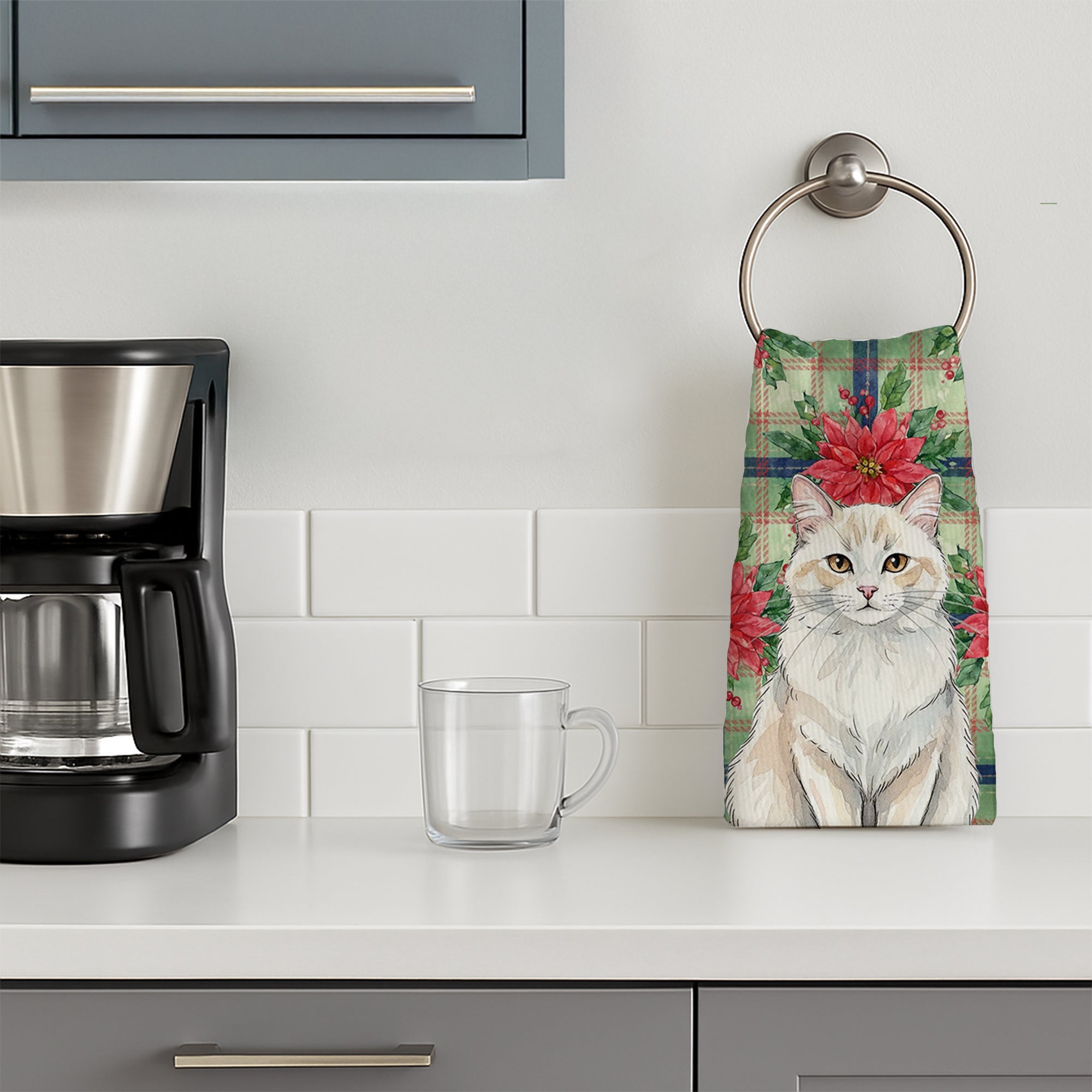 Cream and White Cat with Poinsettias Kitchen Towel Velour Plush Front and Cotton Loop Back Machine Washable