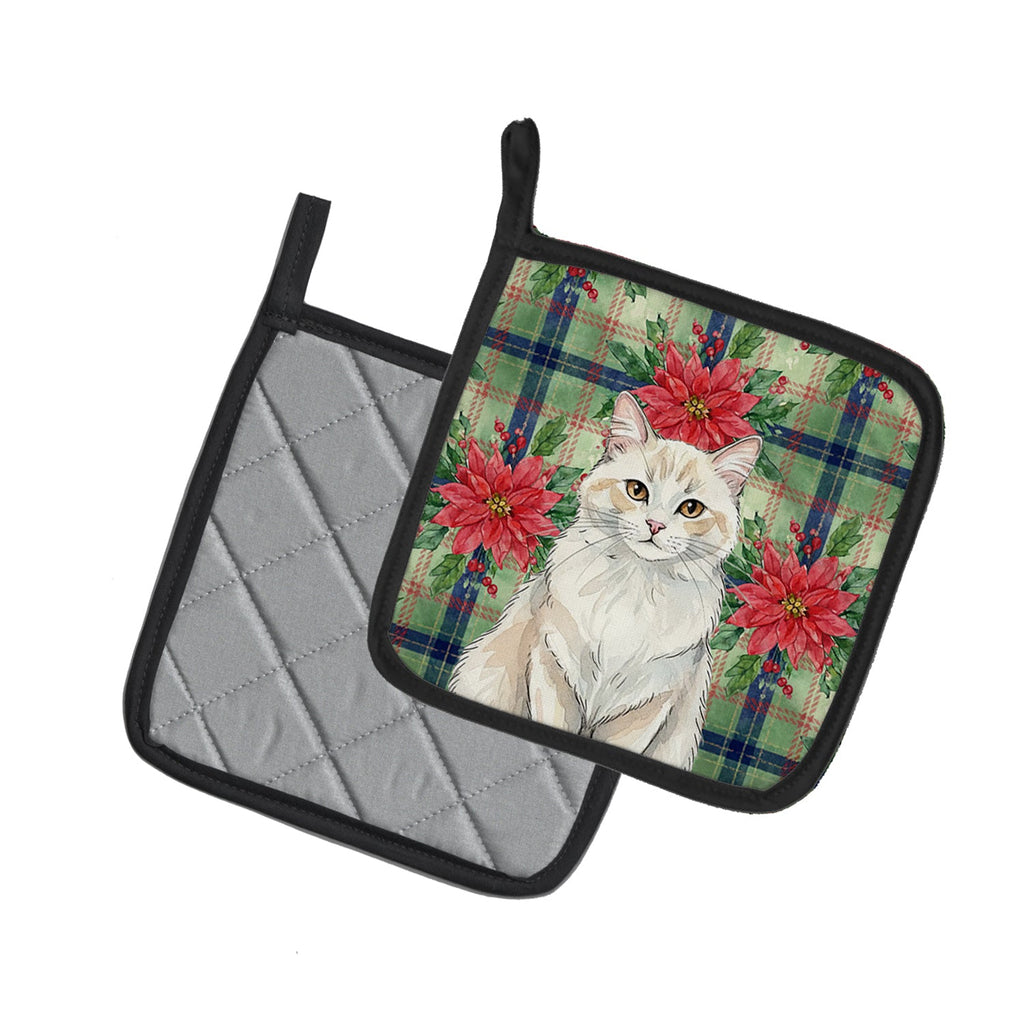 Cream and White Cat with Poinsettias Pot Holder Set of 2 Heat Resistant Quilted Hot Pads 7.5 x 7.5 Inch, Insulated Kitchen Trivets for Cooking & Baking