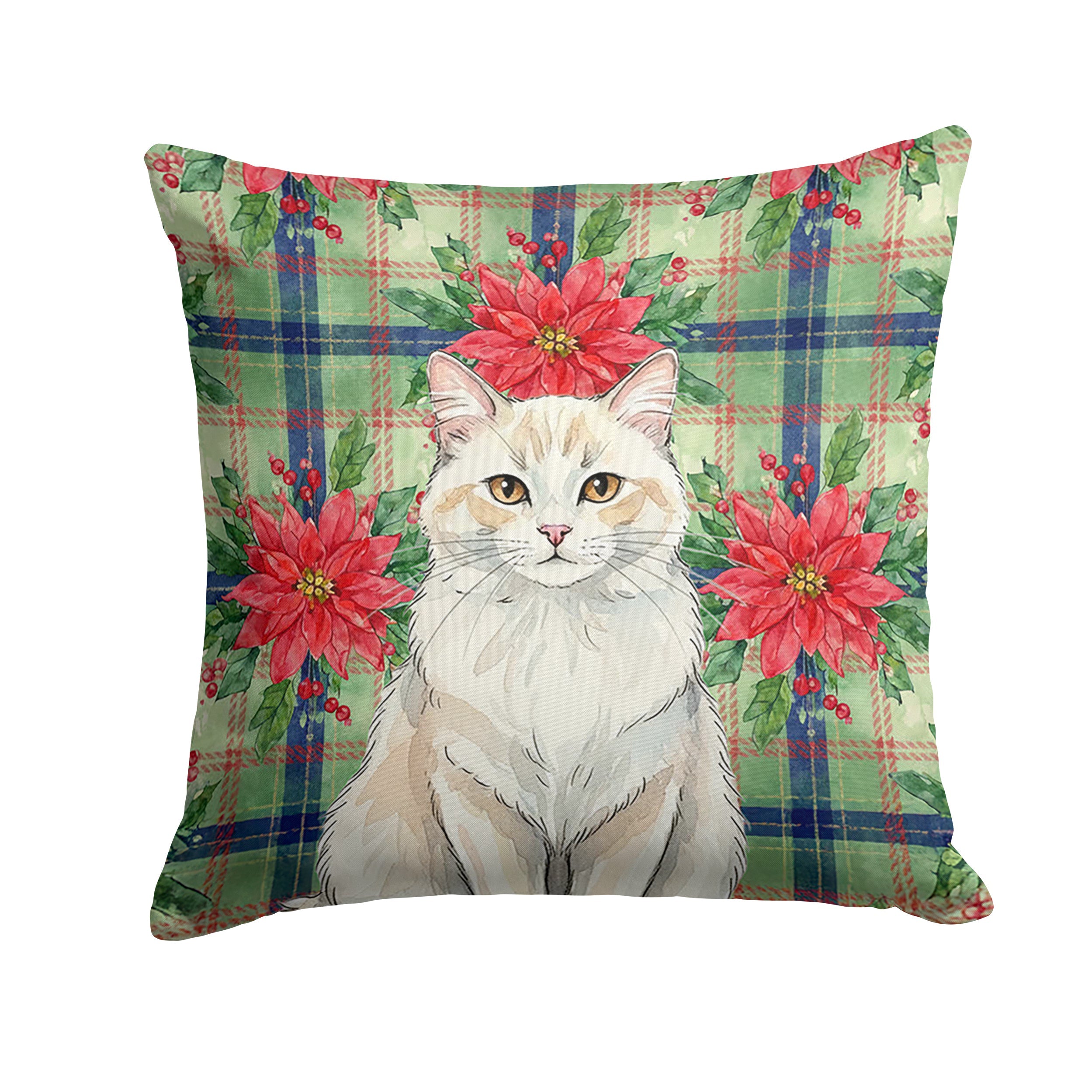 Cream and White Cat with Poinsettias Decorative Throw Pillow 14x14 Indoor Outdoor Accent Cushion, Fabric Cover with Insert for Sofa, Bed, Porch & Living Room