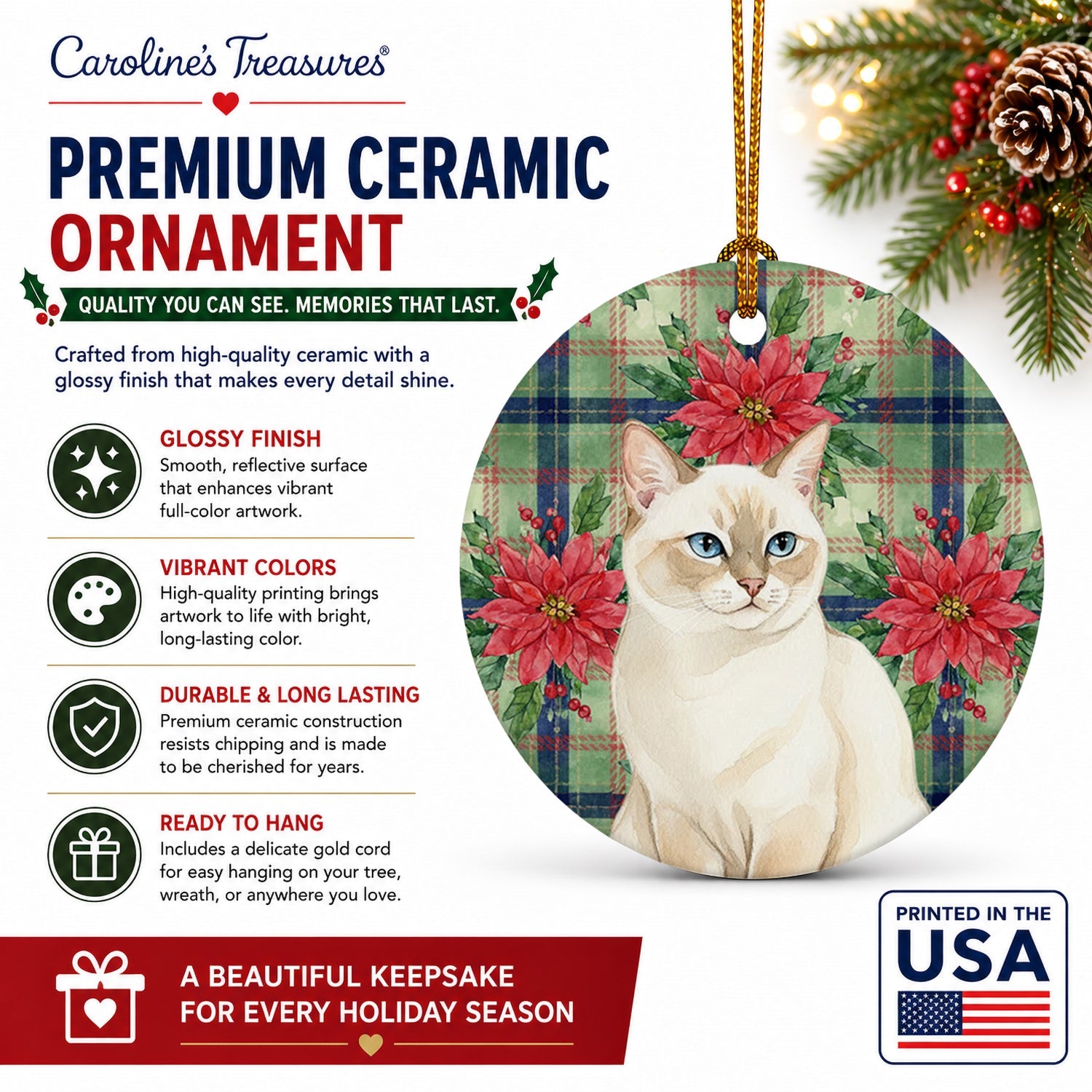 Cream Point Cat with Poinsettias Ceramic Ornament Christmas Tree Hanging Decorations for Home Christmas Holiday, Party, Gift, 3 in, Multicolor