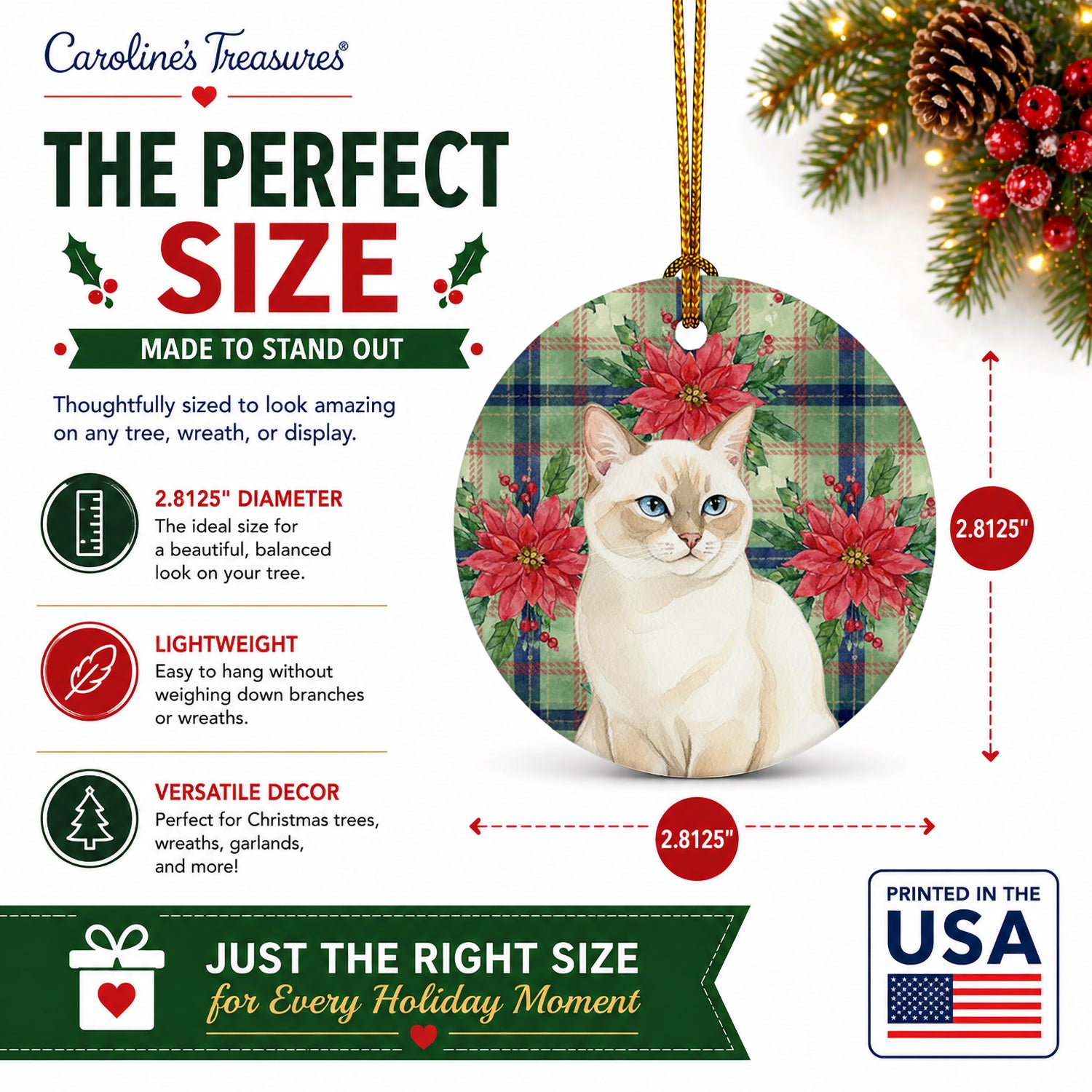 Cream Point Cat with Poinsettias Ceramic Ornament Christmas Tree Hanging Decorations for Home Christmas Holiday, Party, Gift, 3 in, Multicolor