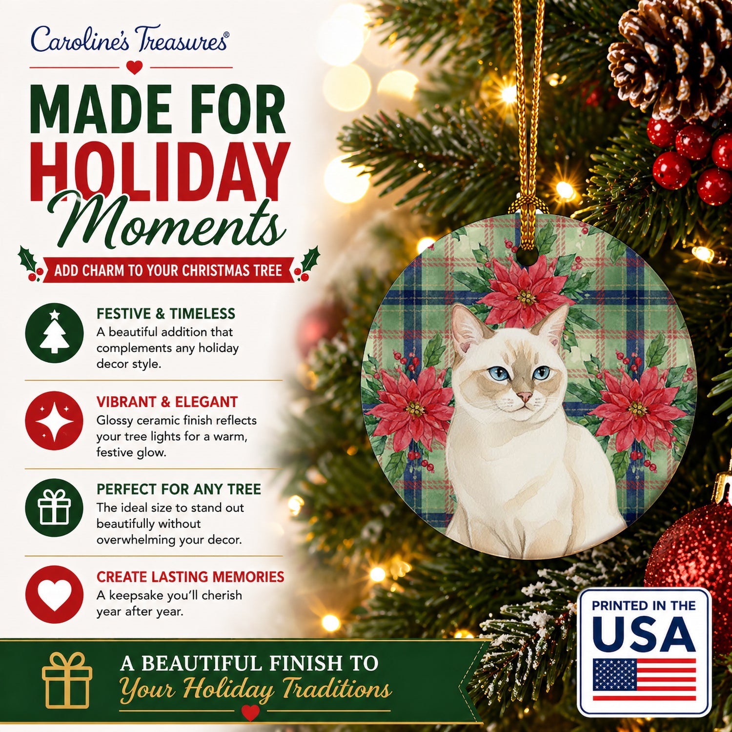 Cream Point Cat with Poinsettias Ceramic Ornament Christmas Tree Hanging Decorations for Home Christmas Holiday, Party, Gift, 3 in, Multicolor