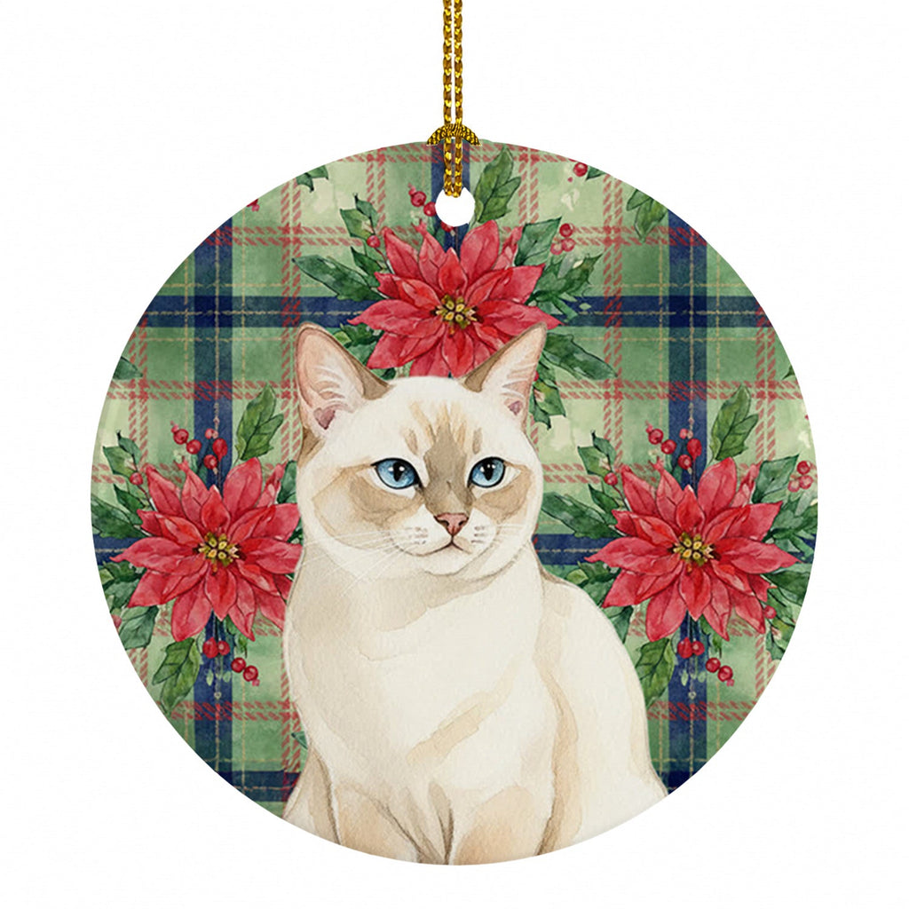 Cream Point Cat with Poinsettias Ceramic Ornament Christmas Tree Hanging Decorations for Home Christmas Holiday, Party, Gift, 3 in, Multicolor