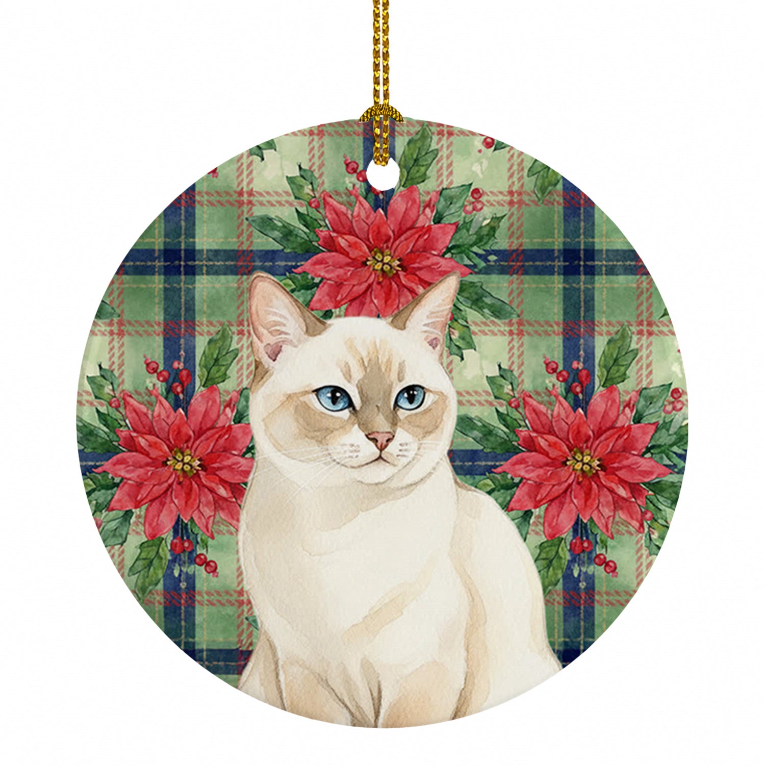 Cream Point Cat with Poinsettias Ceramic Ornament Christmas Tree Hanging Decorations for Home Christmas Holiday, Party, Gift, 3 in, Multicolor