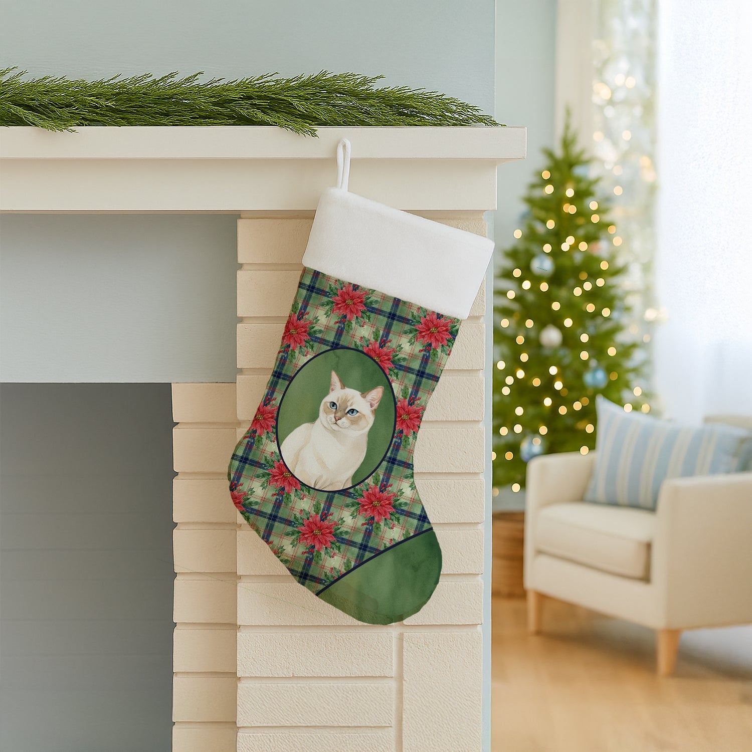 Cream Point Cat with Poinsettias Holiday Stocking Double-Sided Print, Polyester Suede,11x18, Made in USA