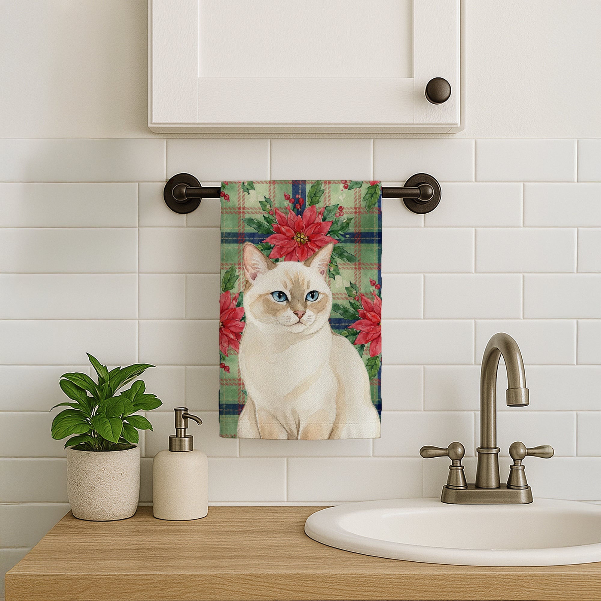 Cream Point Cat with Poinsettias Kitchen Towel Velour Plush Front and Cotton Loop Back Machine Washable
