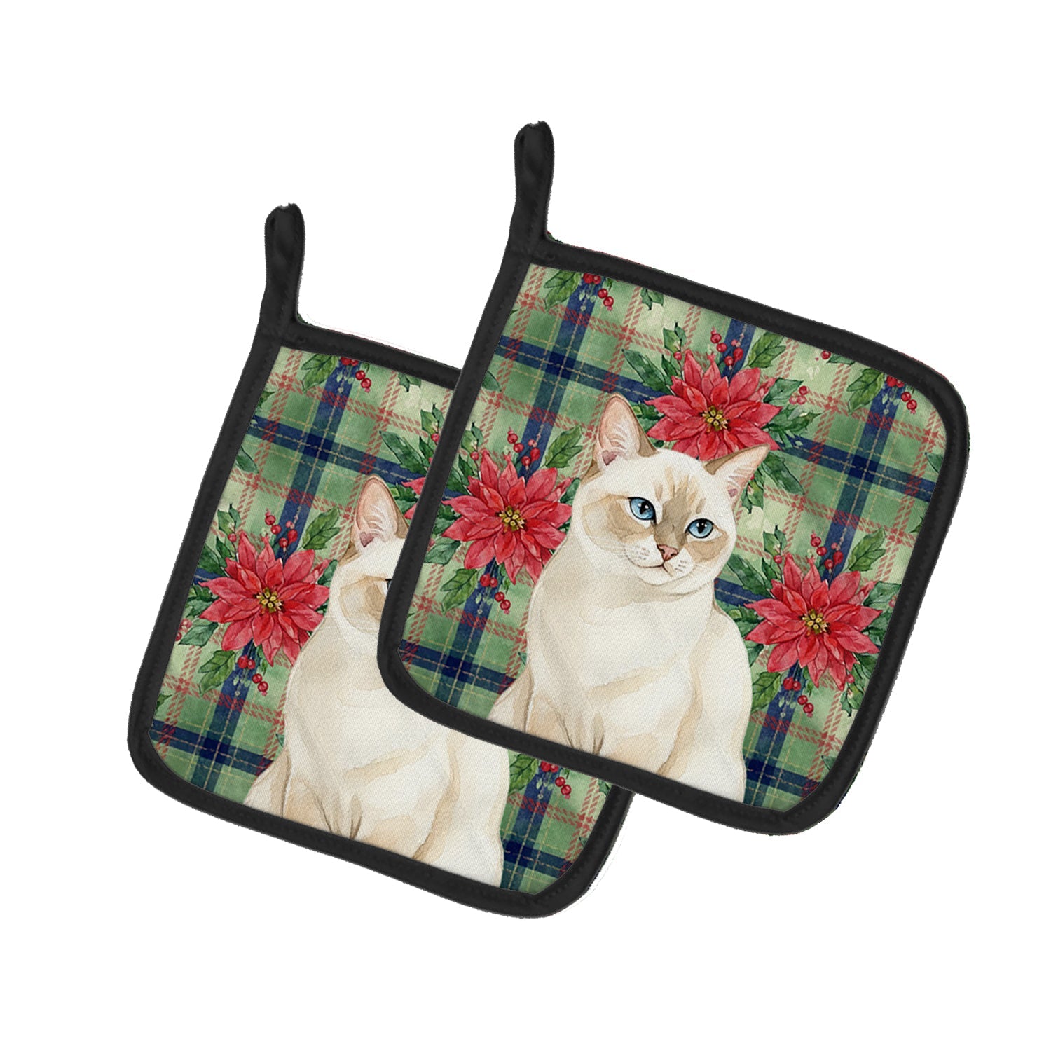 Cream Point Cat with Poinsettias Pot Holder Set of 2 Heat Resistant Quilted Hot Pads 7.5 x 7.5 Inch, Insulated Kitchen Trivets for Cooking & Baking