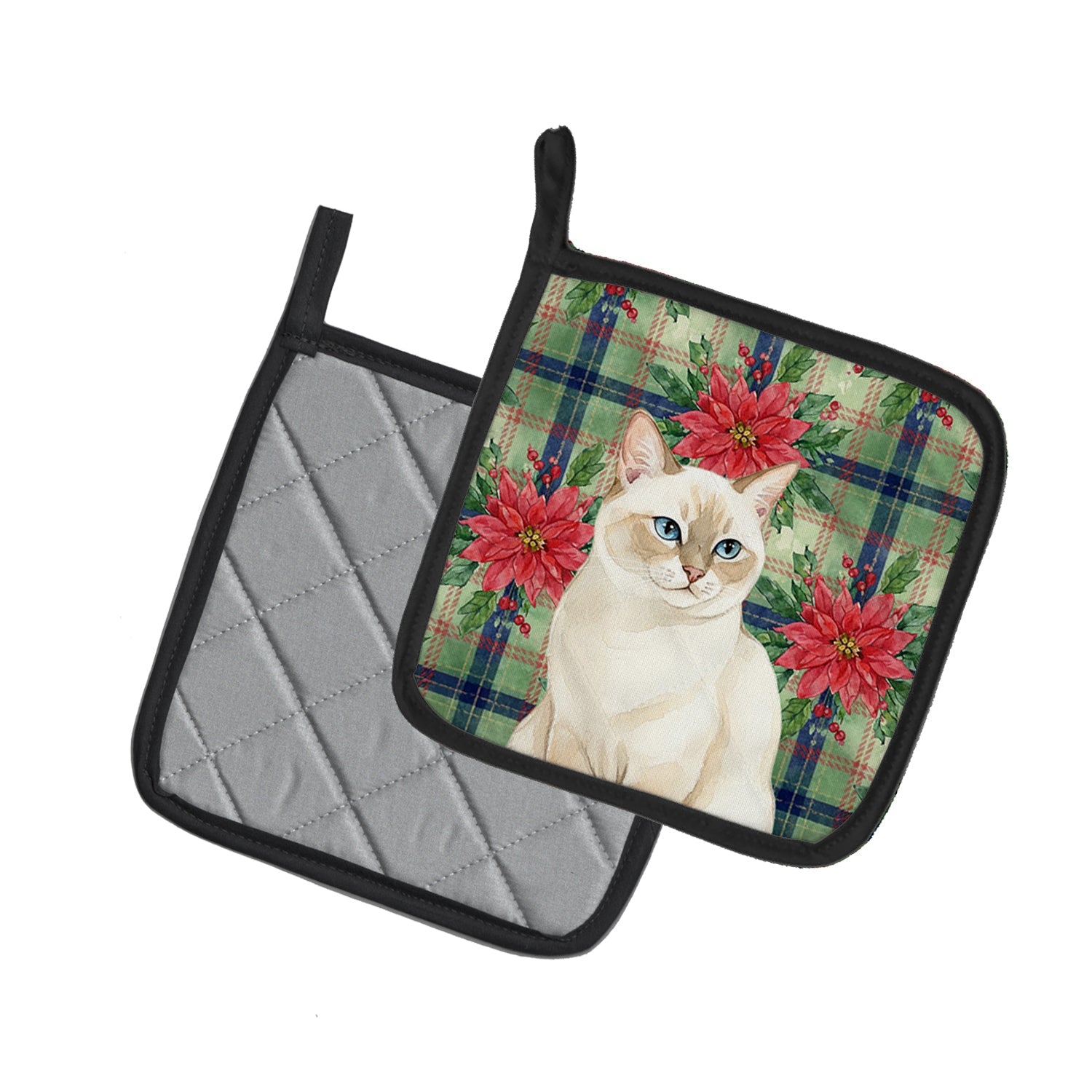 Cream Point Cat with Poinsettias Pot Holder Set of 2 Heat Resistant Quilted Hot Pads 7.5 x 7.5 Inch, Insulated Kitchen Trivets for Cooking & Baking
