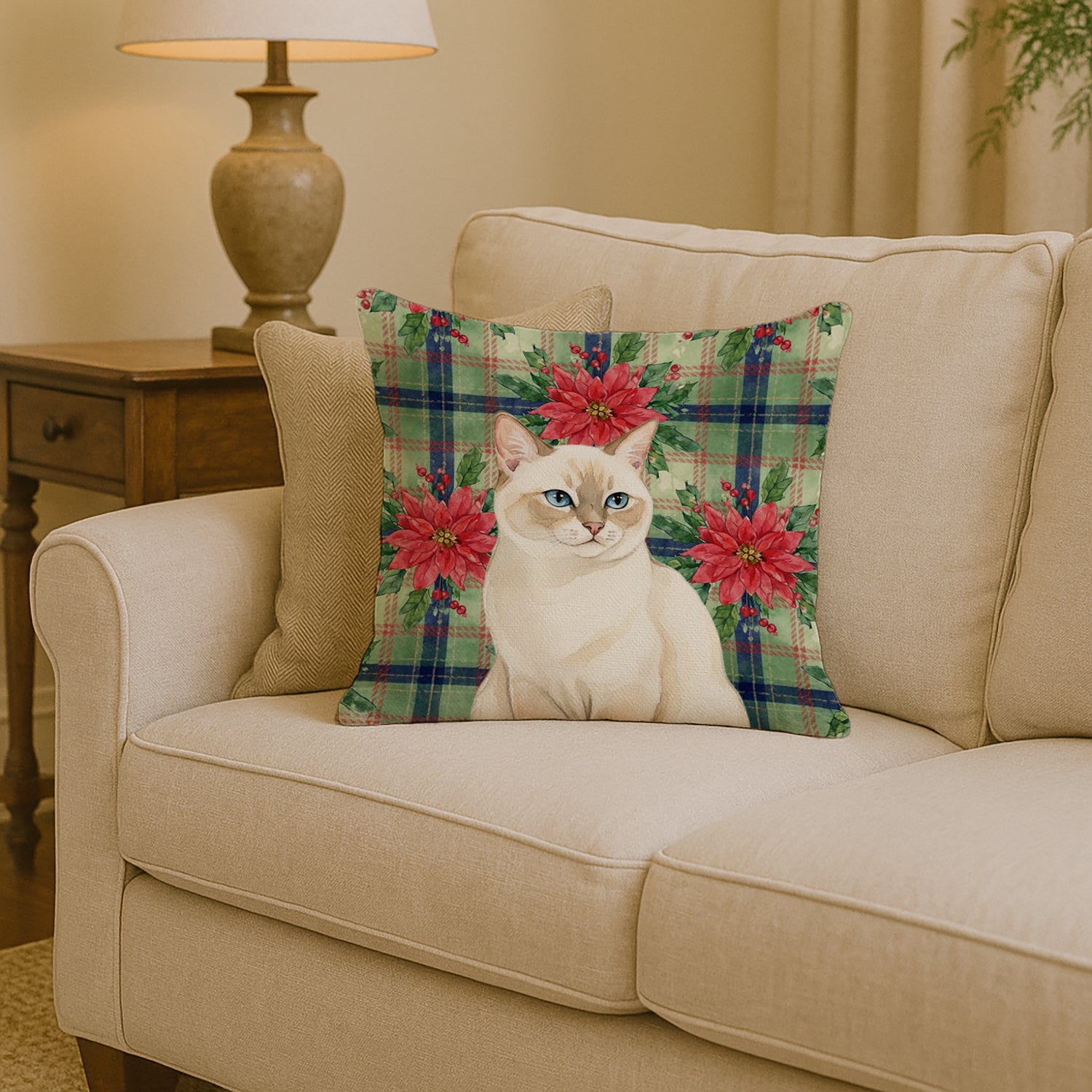 Cream Point Cat with Poinsettias Decorative Throw Pillow 14x14 Indoor Outdoor Accent Cushion, Fabric Cover with Insert for Sofa, Bed, Porch & Living Room