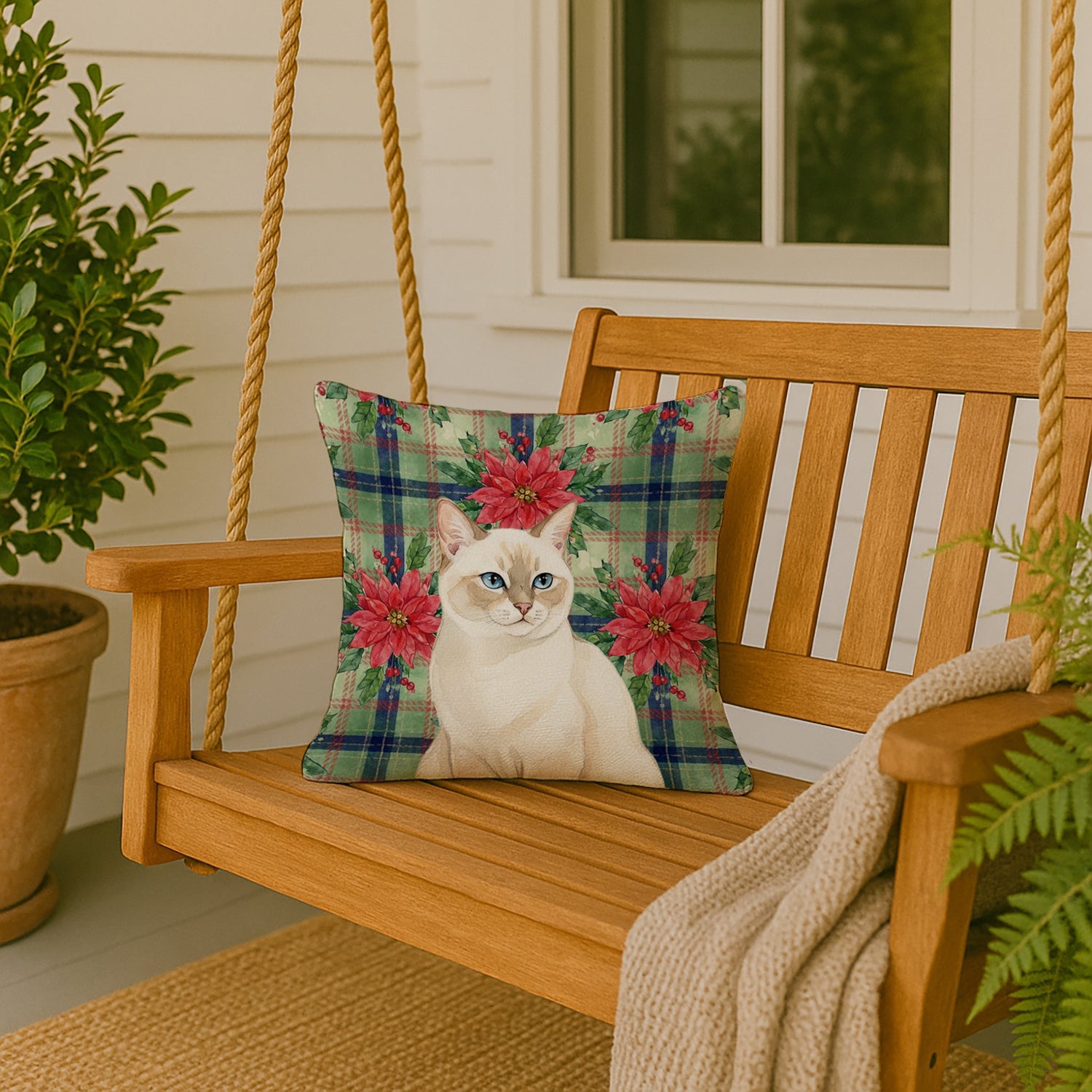 Cream Point Cat with Poinsettias Decorative Throw Pillow 18x18 Indoor Outdoor Accent Cushion, Fabric Cover with Insert for Sofa, Bed, Porch & Living Room