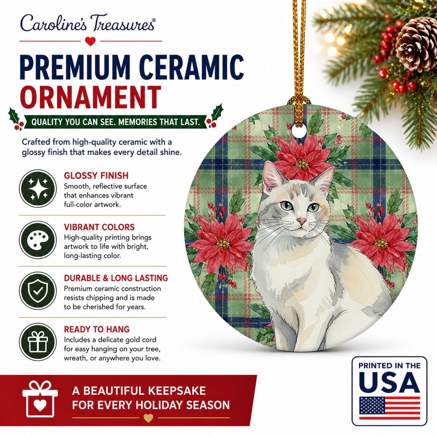 Dilute Calico Cat with Poinsettias Ceramic Ornament Christmas Tree Hanging Decorations for Home Christmas Holiday, Party, Gift, 3 in, Multicolor
