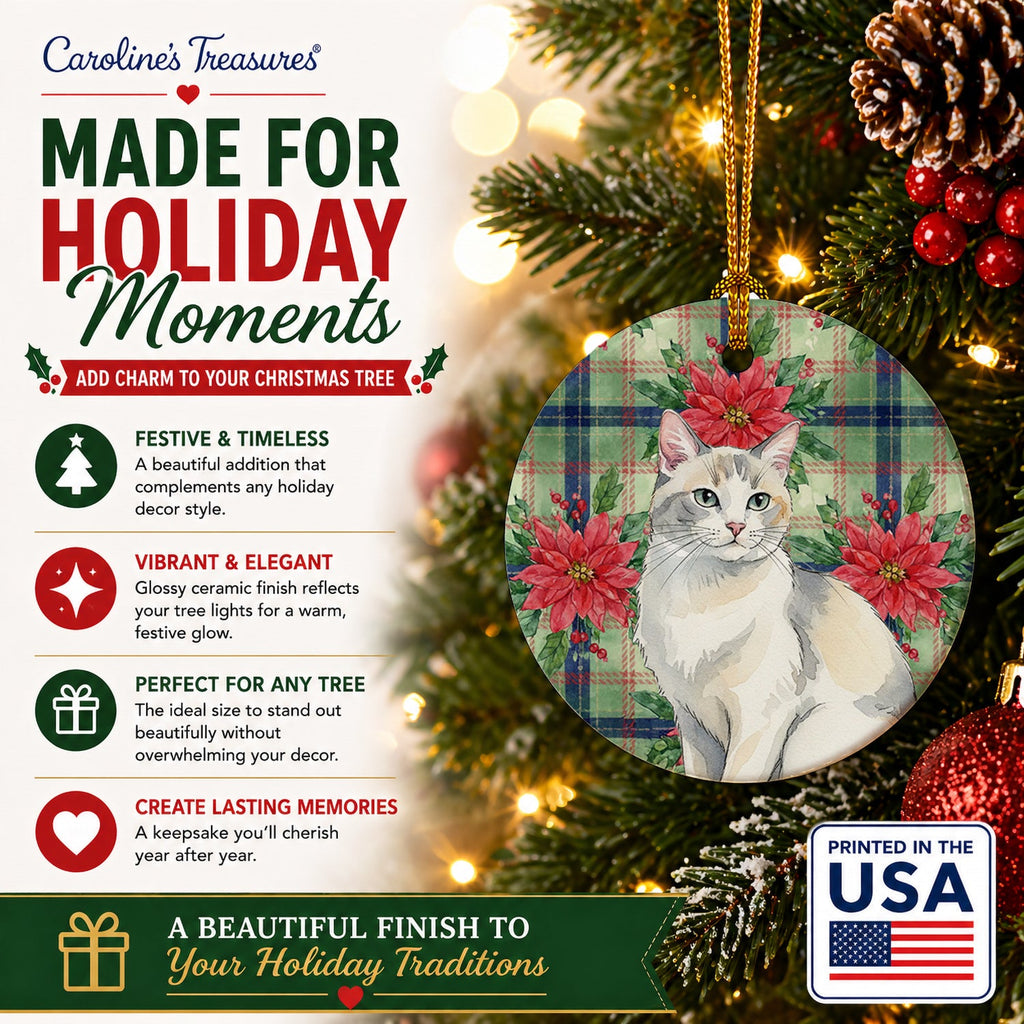 Dilute Calico Cat with Poinsettias Ceramic Ornament Christmas Tree Hanging Decorations for Home Christmas Holiday, Party, Gift, 3 in, Multicolor