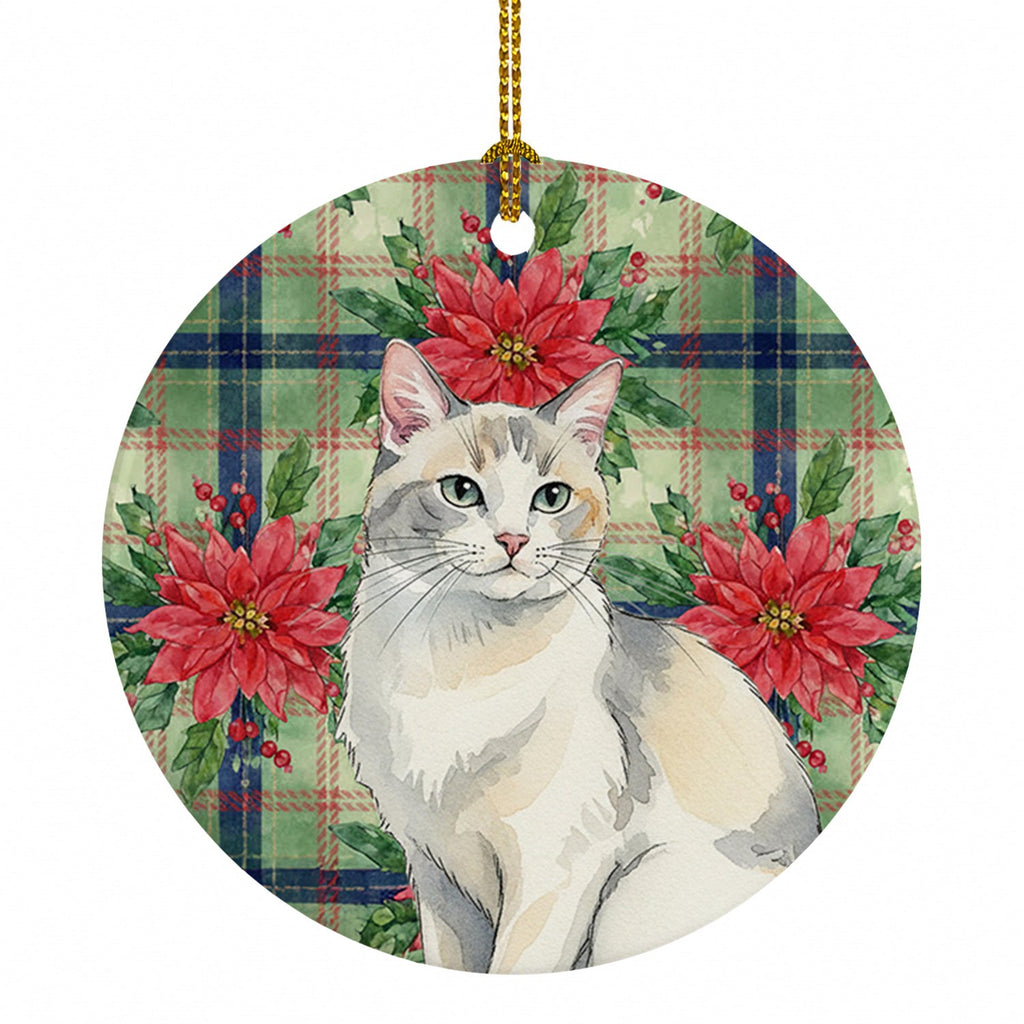 Dilute Calico Cat with Poinsettias Ceramic Ornament Christmas Tree Hanging Decorations for Home Christmas Holiday, Party, Gift, 3 in, Multicolor