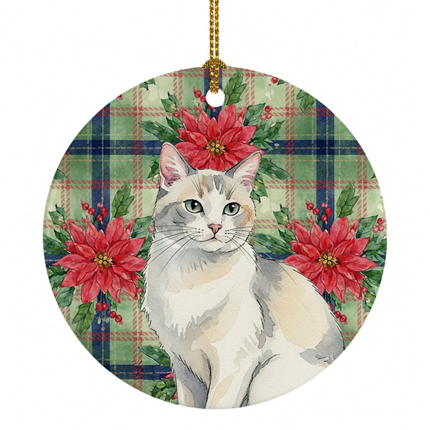 Dilute Calico Cat with Poinsettias Ceramic Ornament Christmas Tree Hanging Decorations for Home Christmas Holiday, Party, Gift, 3 in, Multicolor