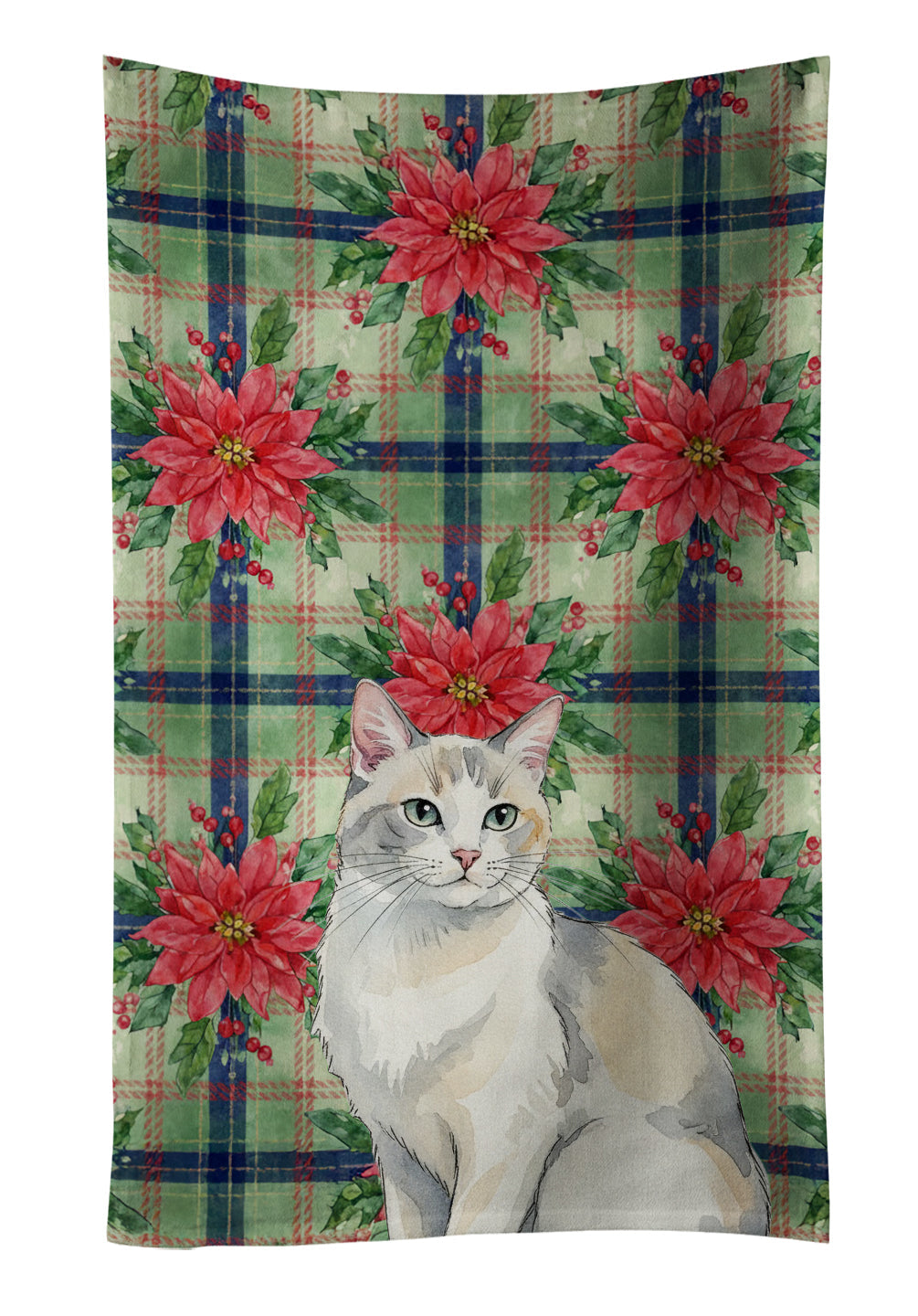 Dilute Calico Cat with Poinsettias Kitchen Towel Velour Plush Front and Cotton Loop Back Machine Washable