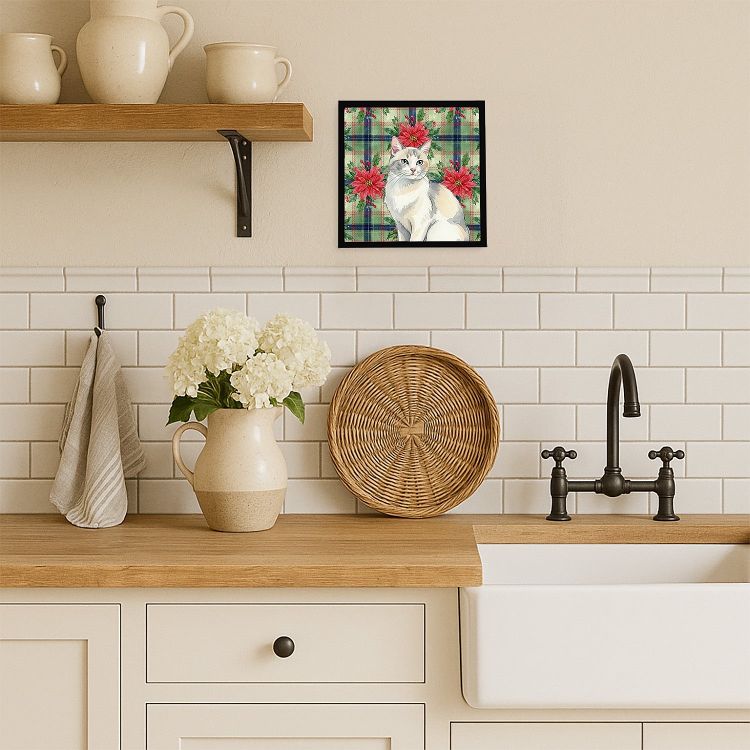Dilute Calico Cat with Poinsettias Framed Metal Print Bathroom, Kitchen, Office, Home Decor Wall Art Ready to Hang, Square, 8X8
