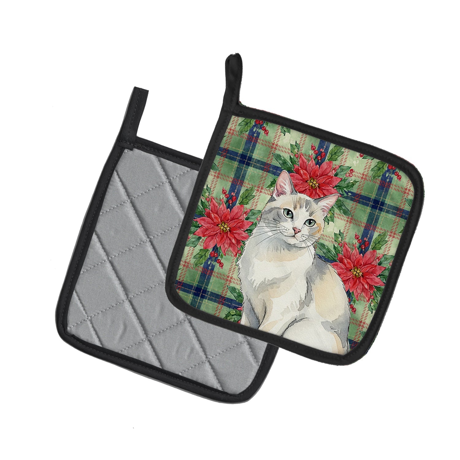 Dilute Calico Cat with Poinsettias Pot Holder Set of 2 Heat Resistant Quilted Hot Pads 7.5 x 7.5 Inch, Insulated Kitchen Trivets for Cooking & Baking