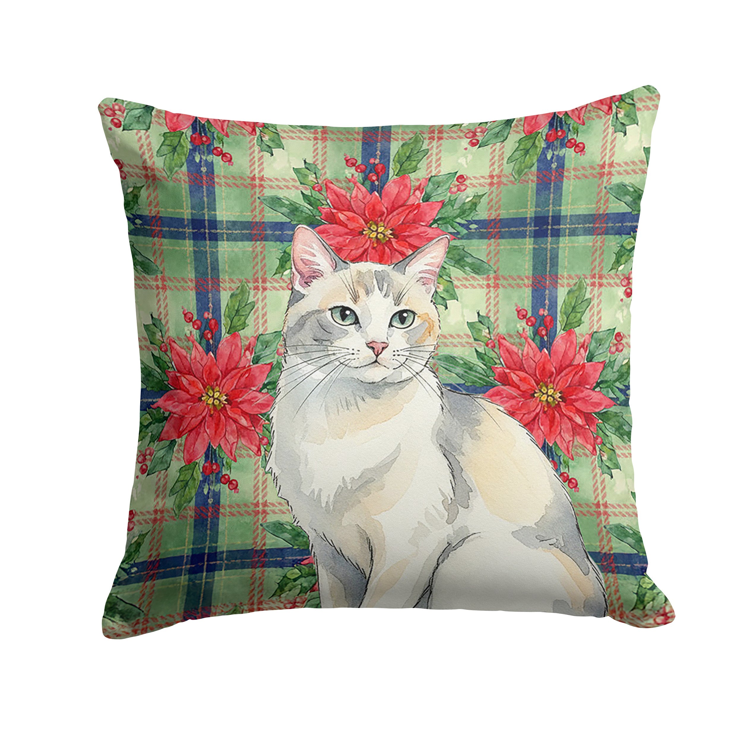 Dilute Calico Cat with Poinsettias Decorative Throw Pillow 18x18 Indoor Outdoor Accent Cushion, Fabric Cover with Insert for Sofa, Bed, Porch & Living Room