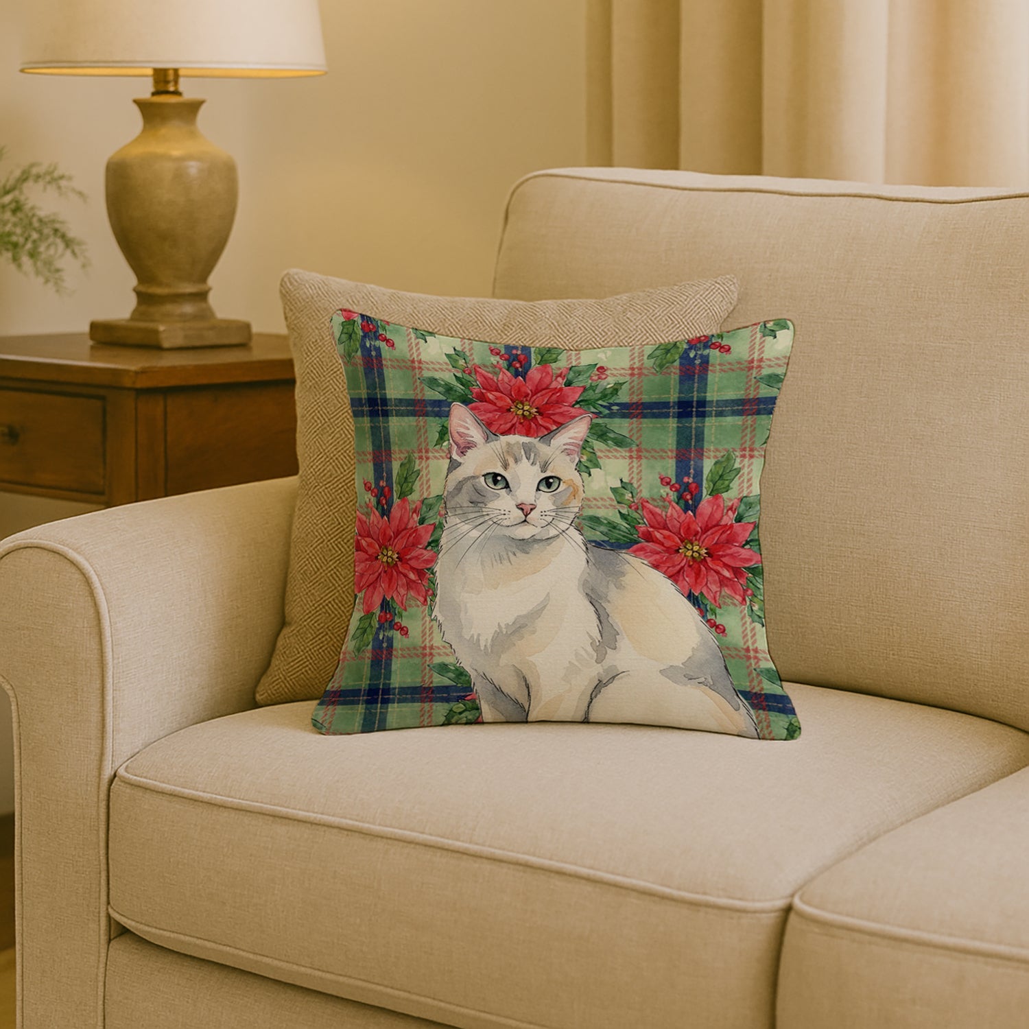 Dilute Calico Cat with Poinsettias Decorative Throw Pillow 18x18 Indoor Outdoor Accent Cushion, Fabric Cover with Insert for Sofa, Bed, Porch & Living Room