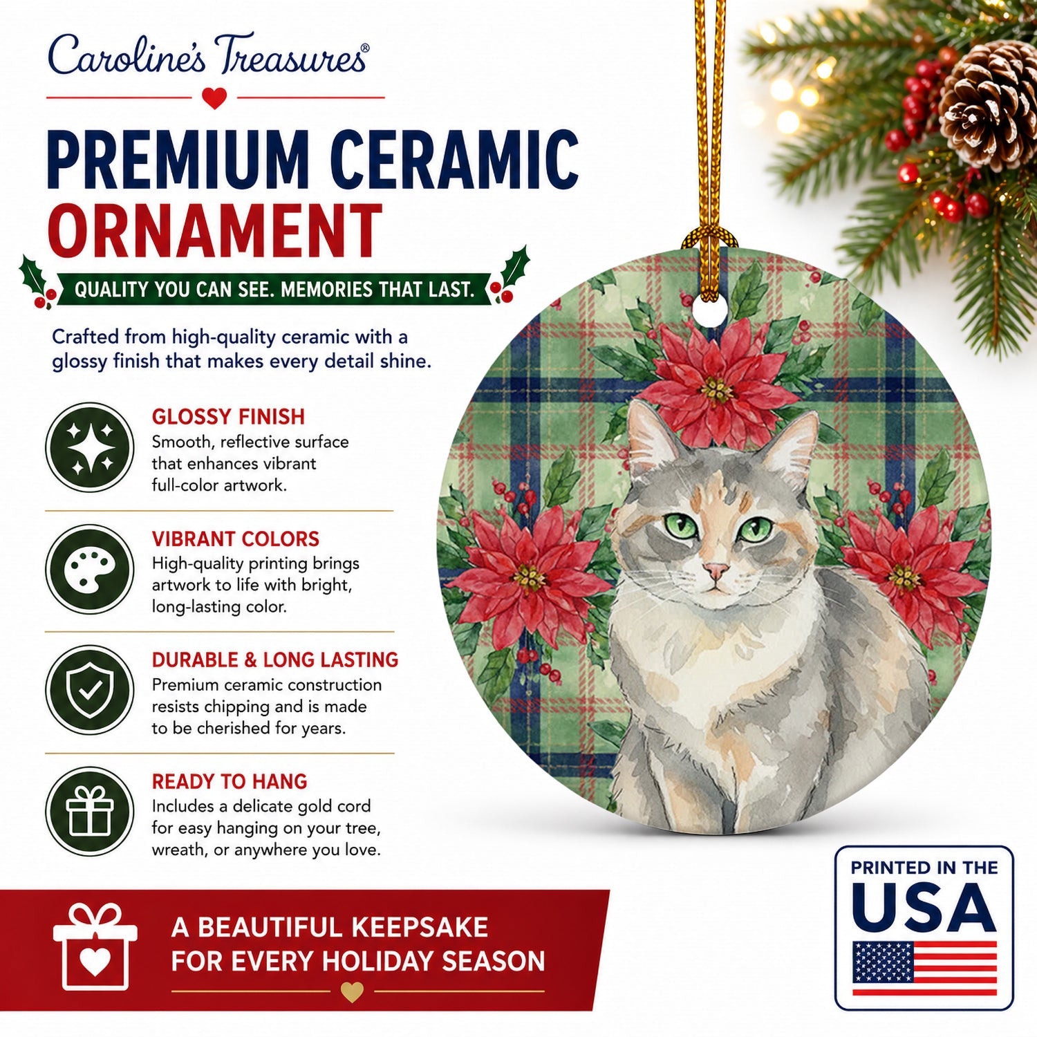 Dilute Tortoiseshell Cat with Poinsettias Ceramic Ornament Christmas Tree Hanging Decorations for Home Christmas Holiday, Party, Gift, 3 in, Multicolor