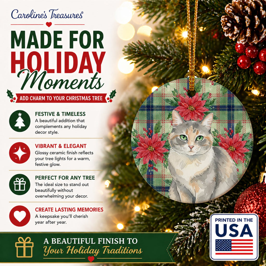 Dilute Tortoiseshell Cat with Poinsettias Ceramic Ornament Christmas Tree Hanging Decorations for Home Christmas Holiday, Party, Gift, 3 in, Multicolor