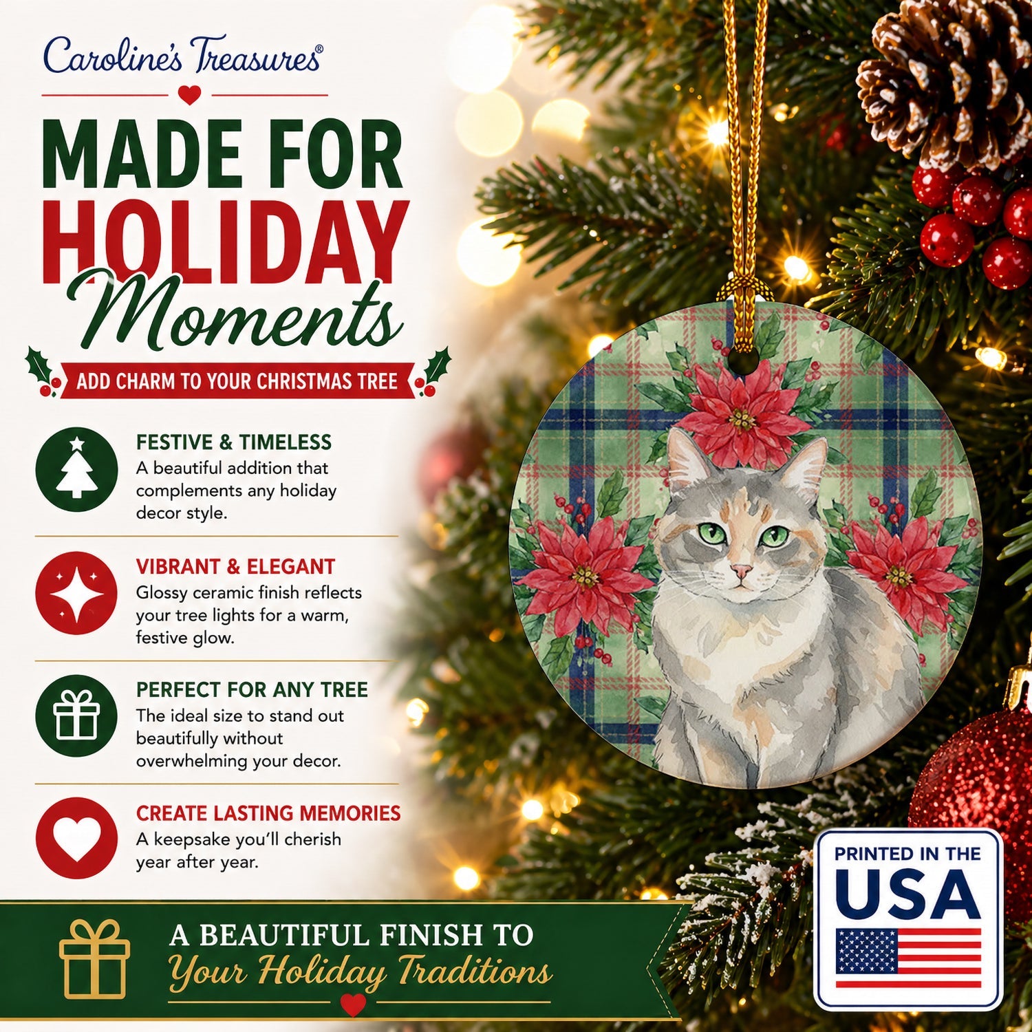 Dilute Tortoiseshell Cat with Poinsettias Ceramic Ornament Christmas Tree Hanging Decorations for Home Christmas Holiday, Party, Gift, 3 in, Multicolor