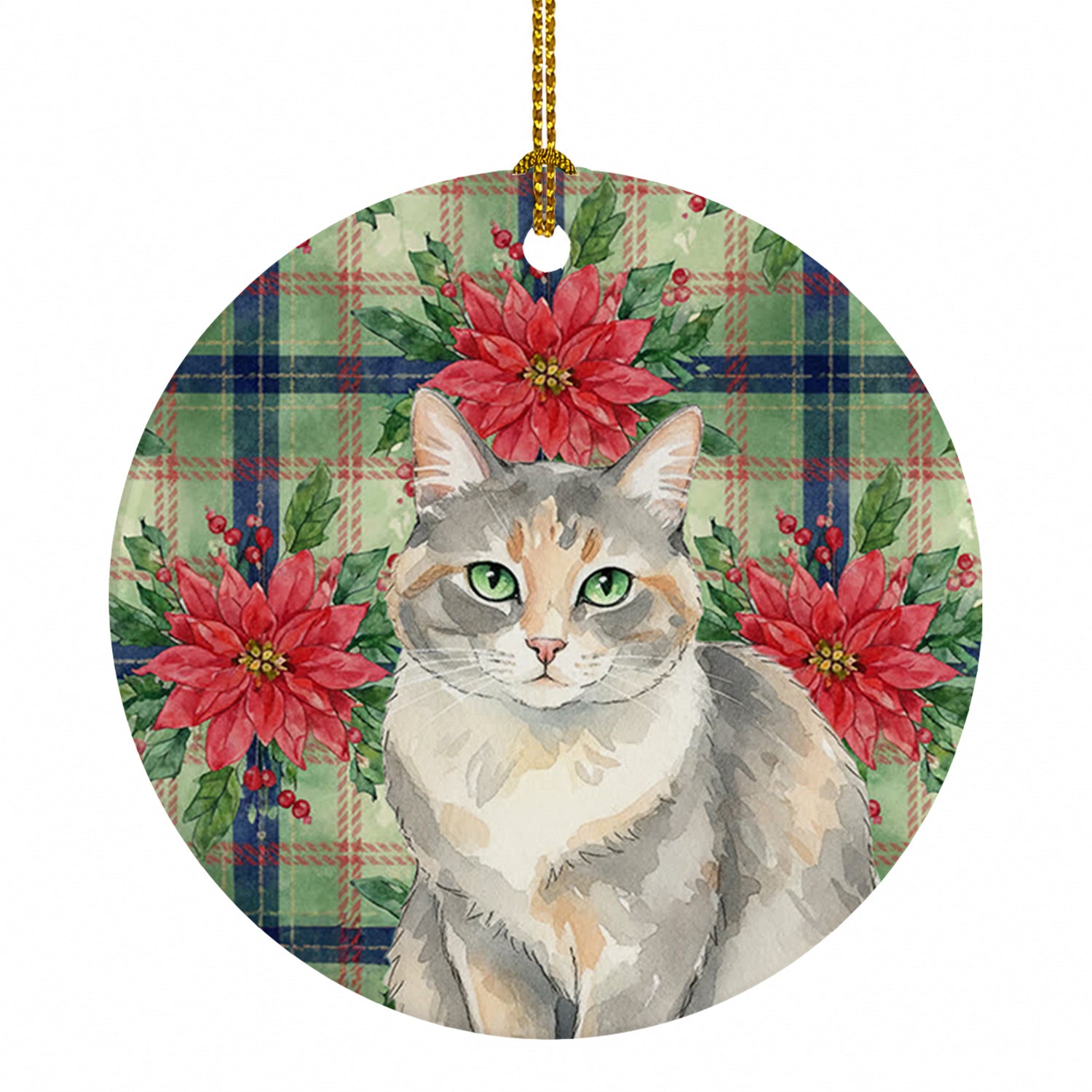 Dilute Tortoiseshell Cat with Poinsettias Ceramic Ornament Christmas Tree Hanging Decorations for Home Christmas Holiday, Party, Gift, 3 in, Multicolor
