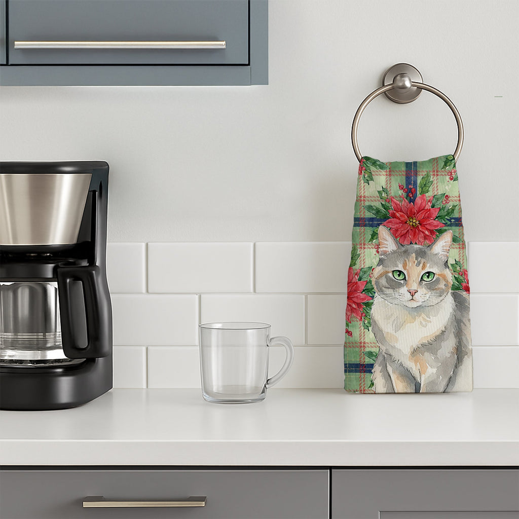 Dilute Tortoiseshell Cat with Poinsettias Kitchen Towel Velour Plush Front and Cotton Loop Back Machine Washable